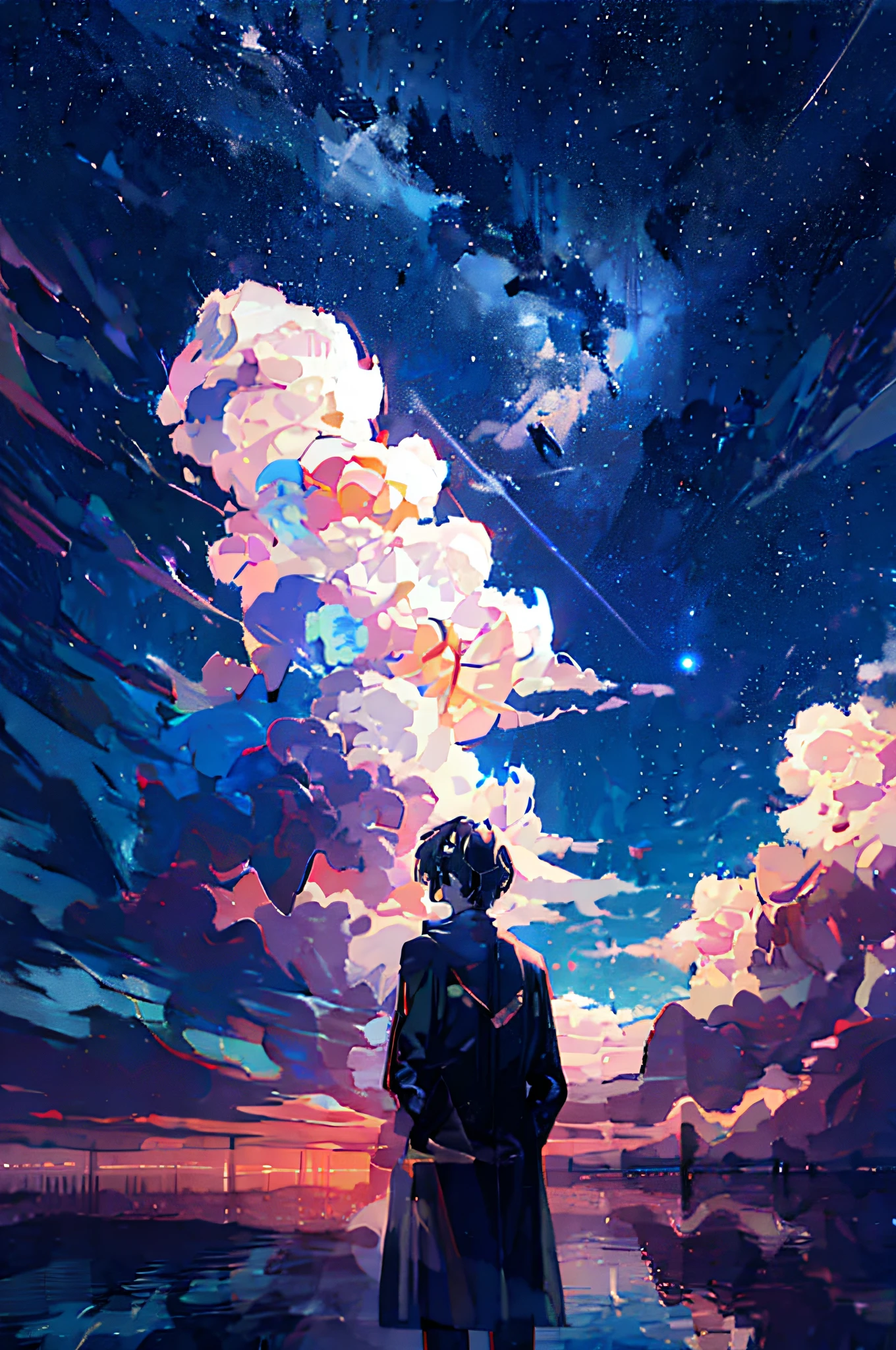 Man standing in front of lake looking at the sky,