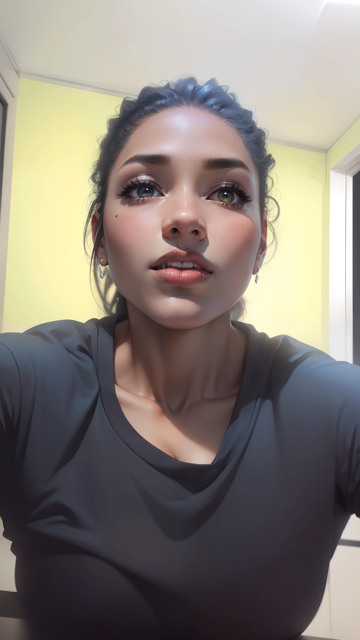 ebony woman, (to8contrast style), (Close-up portrait), open mouth, 8k RAW photo, highest quality, detailed hazel eyes, eye reflection, winged eyeliner, (looking at the viewer:1.3), best shadow, intricate details, interior, (bold hair:1.3), muted colors, high contrast style, glam shot, smoldering, (sultry:1.1), dof, bokeh, intense, languid, tempting, sensual, seductive, longing, yearning, smitten, dark photography studio, minimal lighting, deep shadows, stark contrasts, dramatic highlights, (black backdrop:1.2), dimples, fullness, plumpness, natural blue lips, bold color, alluring, captivating, striking, unforgettable, stunning, breath-taking, timeless beauty. (bare shoulders:1.2), headshot