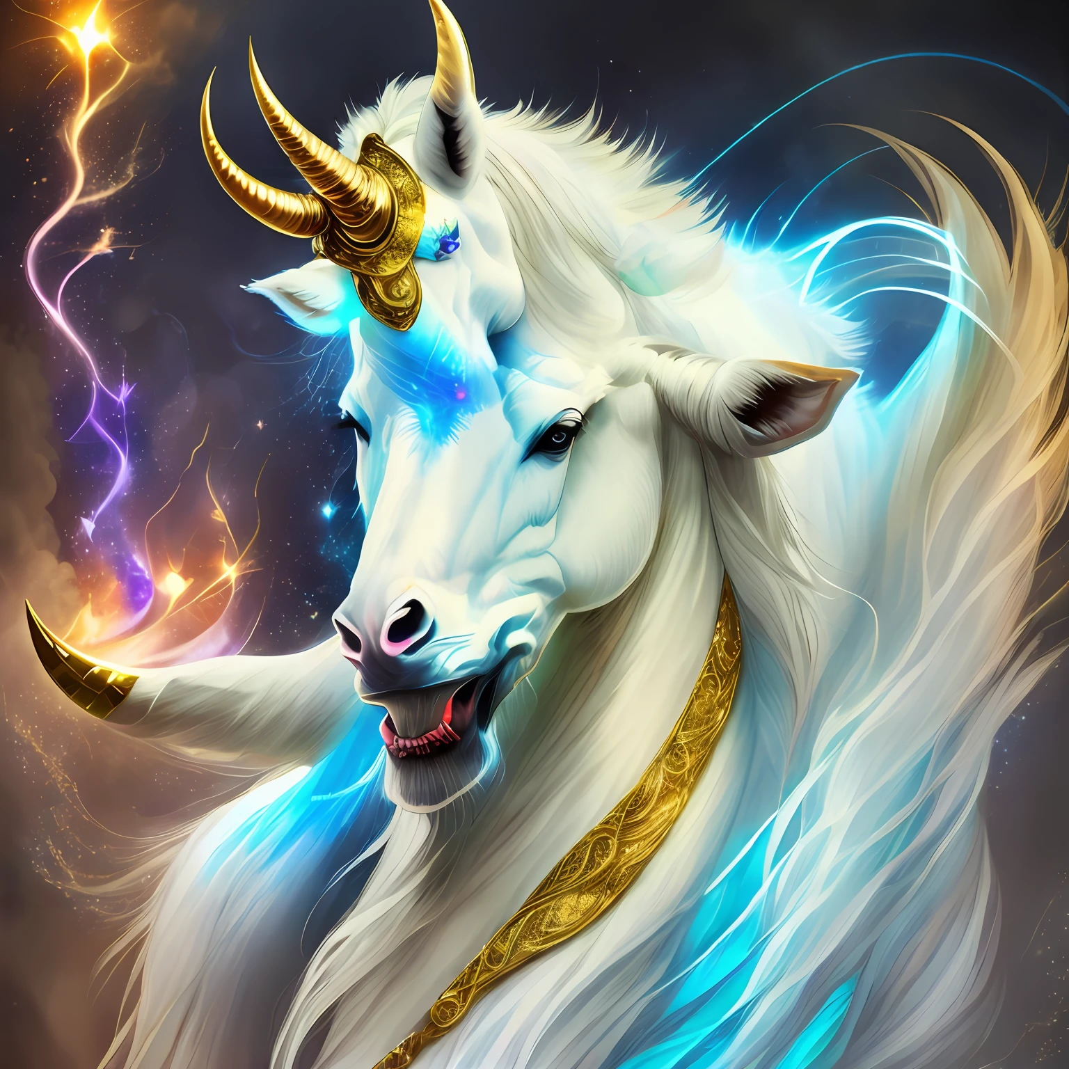 A unicorn in the splendid galaxy, glowing horns around the pooled energy accompanied by fluorescent flashes, white horses, glowing pupils --auto