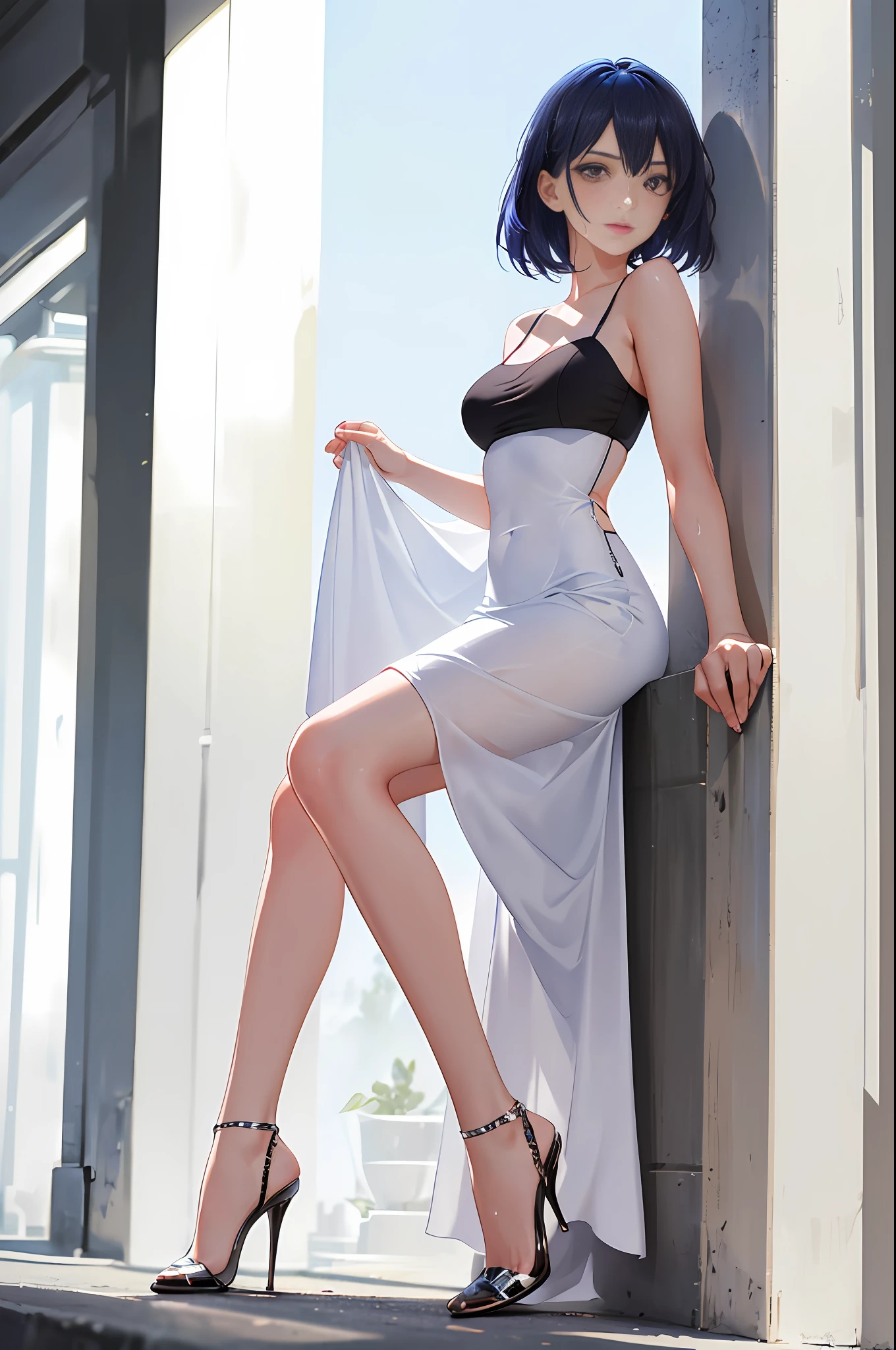 1girl, solo, full body portrait, white camisole vest, high heels, yoga wear, masterpiece, best quality, realistic, ultra-detailed, (shiny skin, sweating: 1.4), looking at the audience, short light blue hair, red eyes, slender, dynamic light and shadow, high resolution, sharp focus, depth of field, fine eyes, sharp pupils, pupil realistic, (C cup: 1.2), (skin white: 2.0), (long legs: 1.8), (clothes transparent: 1.5), (black silk: 1.5), outdoor, sky