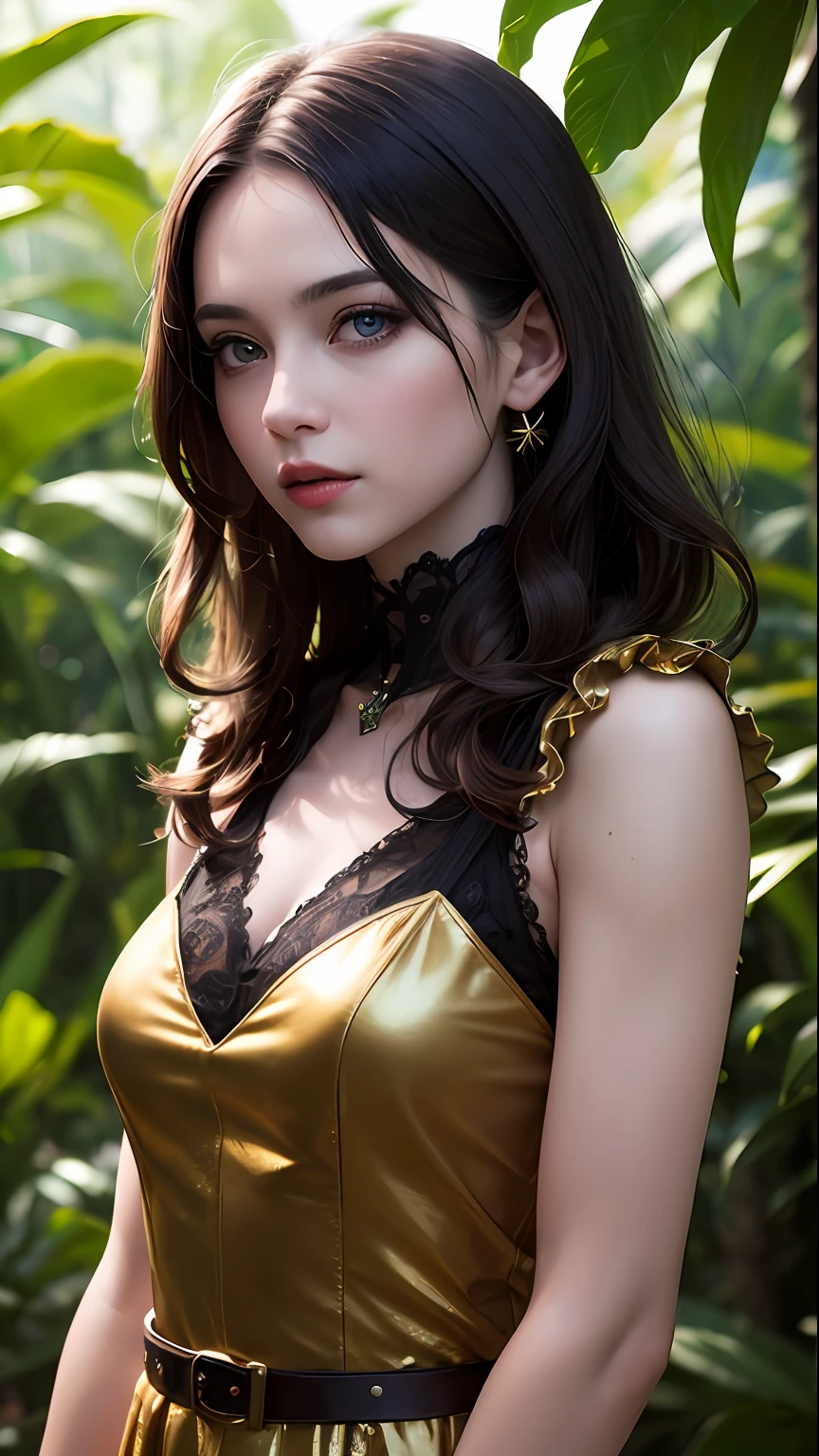(skindentation:1.5), realistic, realistic, (masterpiece:1.5), concept art, intricate detail, highly detailed, realistic, octane rendering, 8k, unreal engine, dynamic pose, best quality, high resolution, (realistic face:1.1), (hyperrealism:1.1), ((full_body)), perfect eyes, (shiny skin: 1.2), (((hairstyle))), (((perfect hand)) ), (Very detailed background), ((Dynamic background) ), ((Rainforest), (Wild fruit), ((1girl)), Steady, restrained, (((Shining light))), ((Detailed eyes, High quality eyes, High quality face)), (Vintage dress), Brown curly hair with golden eyes, Green forest, ((dramatic)), Epic, Depth of field, Bokeh, 4k, Gothic, Ash, Particles