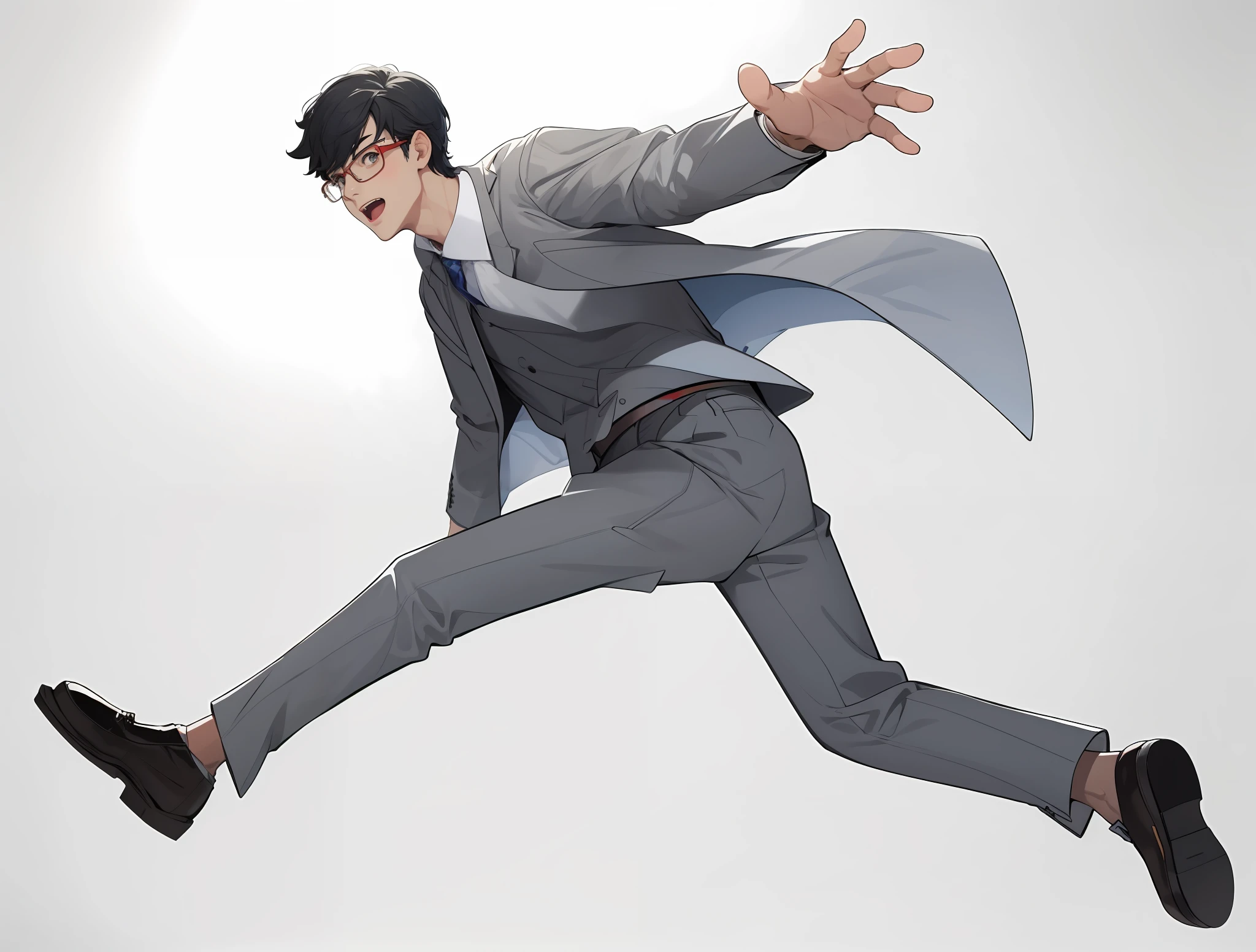 1 boy, 8k, suit, white shirt, red tie, gray coat, gray pants, suit, blue leather shoes, glasses men, glasses, black hair, soaring, jumping, one hand grabbed forward, looking up, full body, best quality, white background