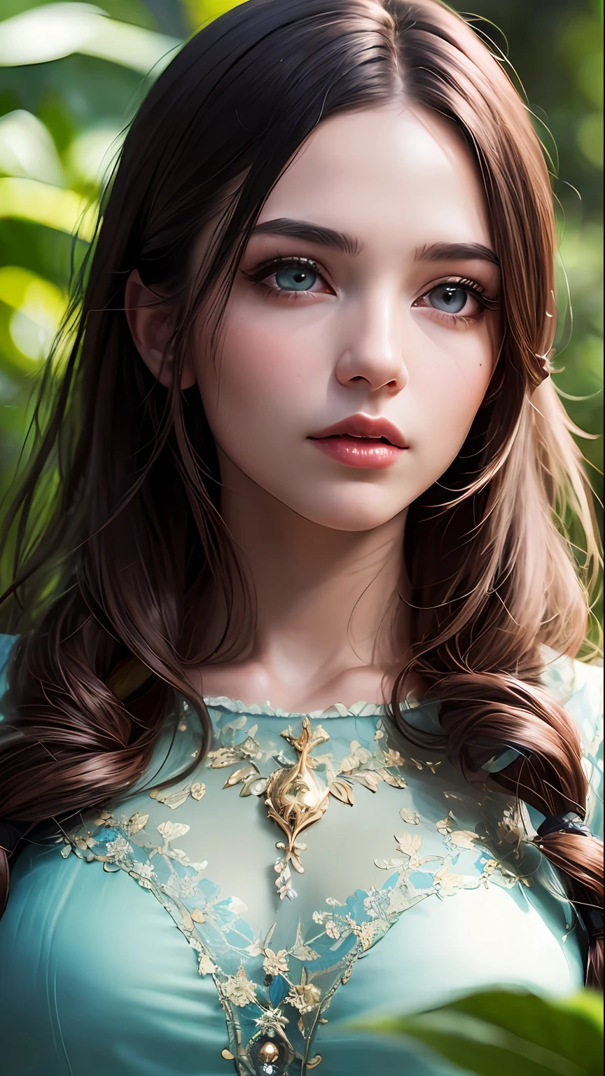 (skindentation:1.5), realistic, realistic, (masterpiece:1.5), concept art, intricate detail, highly detailed, realistic, octane rendering, 8k, unreal engine, dynamic pose, best quality, high resolution, (realistic face:1.1), (hyperrealism:1.1), ((full_body)), perfect eyes, (shiny skin: 1.2), (((hairstyle))), (((perfect hand)) ), (Very detailed background), ((Dynamic background) ), ((Rainforest), (Wild fruit), ((1girl)), Steady, restrained, (((Shining light))), ((Detailed eyes, High quality eyes, High quality face)), (Vintage dress), Brown curly hair with golden eyes, Green forest, ((dramatic)), Epic, Depth of field, Bokeh, 4k, Gothic, Ash, Particles