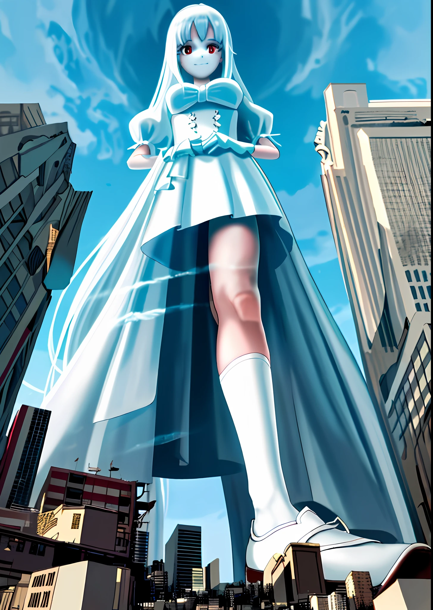 giantess, huge girl with white long dress, full body, perfect body proportions, panties, white stockings, white high heels, dirty white sole, blood stains on the sole, no pants, destruction, ruins, (city with very small soles for girls), (blue sky background, simple background: 1.5) (crowd with girls with small soles) (huge girl stepping on tiny cities), a girl, pure white long hair, red eyes (cruel smile)