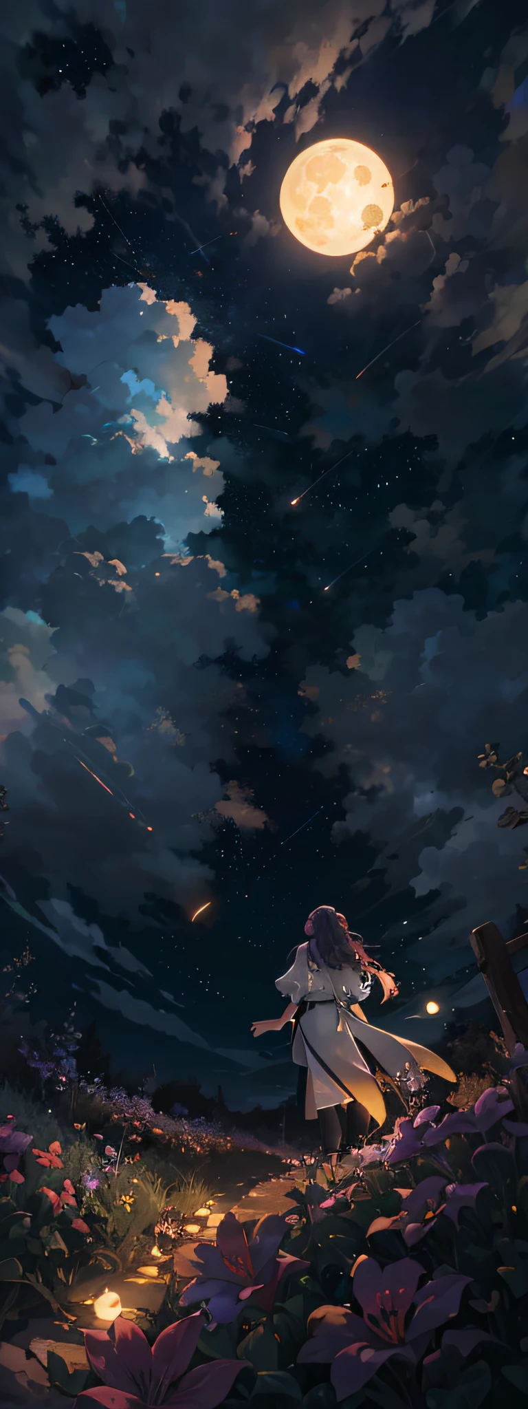 LANDSCAPE PHOTO (SEEN FROM BELOW, SKY ABOVE, FIELD BELOW), GIRL STANDING IN FLOWER GARDEN LOOKS UP (FULL MOON: 1.2), (METEOR: 0.9), (NEBULA: 1.3), DISTANT MOUNTAINS, TREES BREAK CRAFTING ART, (WARM LIGHT: 1.2), (FIREFLY: 1.2), LIGHTS, LOTS OF PURPLE AND ORANGE, INTRICATE DETAILS, VOLUMETRIC LIGHTING BREAK (MASTERPIECE: 1.2), ( Best Quality), 4K, Ultra Detailed, (Dynamic Composition: 1.4), Rich in Detail and Color, (Iridescent: 1.2), (Glow, Atmospheric Lighting), Dreamy, Magical, (Solo: 1.2)