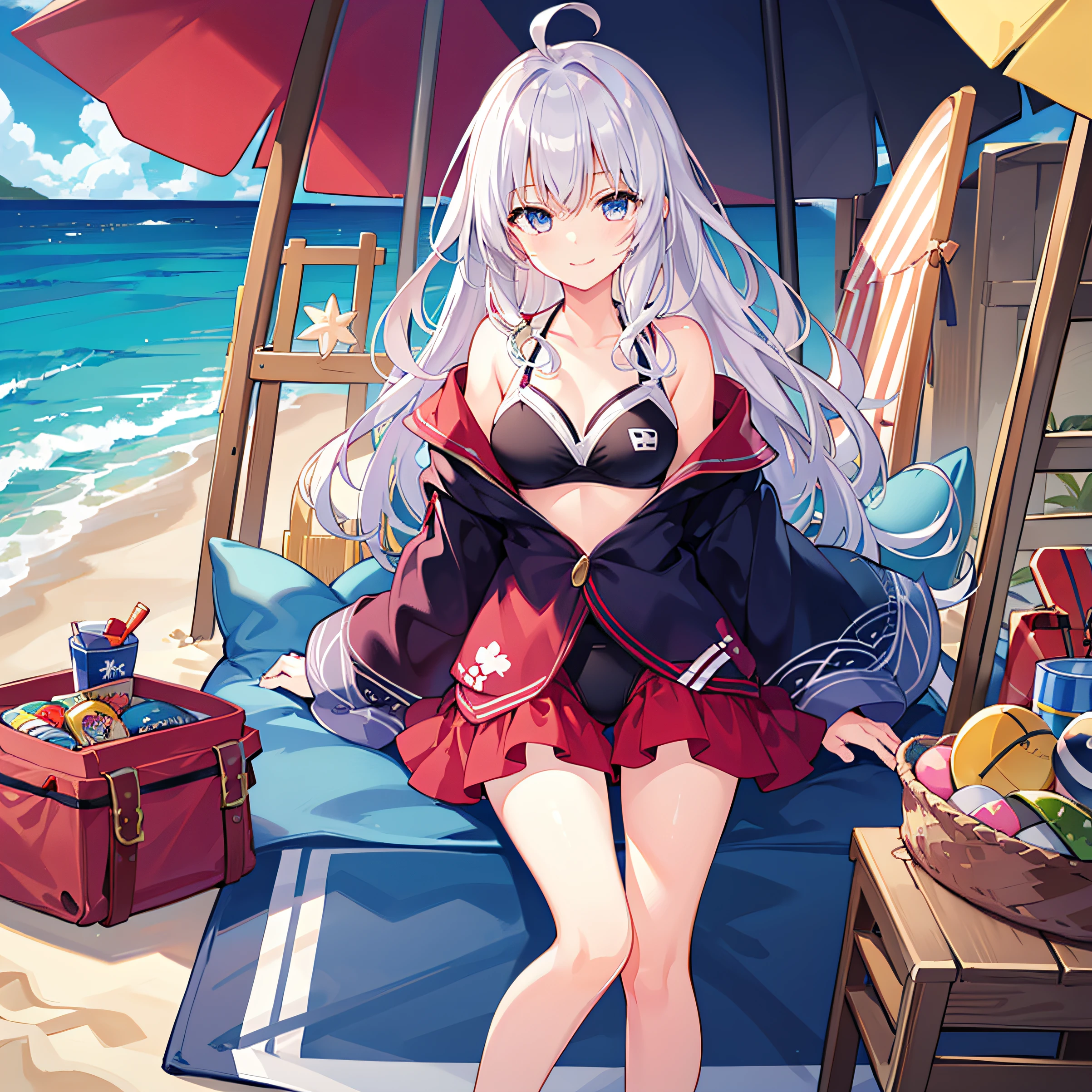 ((masterpiece,best quality,detailed)), 1girl, solo, elaina \(majo no tabitabi\), beach volleyball, beach umbrella, beach towel, bikini, swimsuit, beach, inflatable toy, smile,