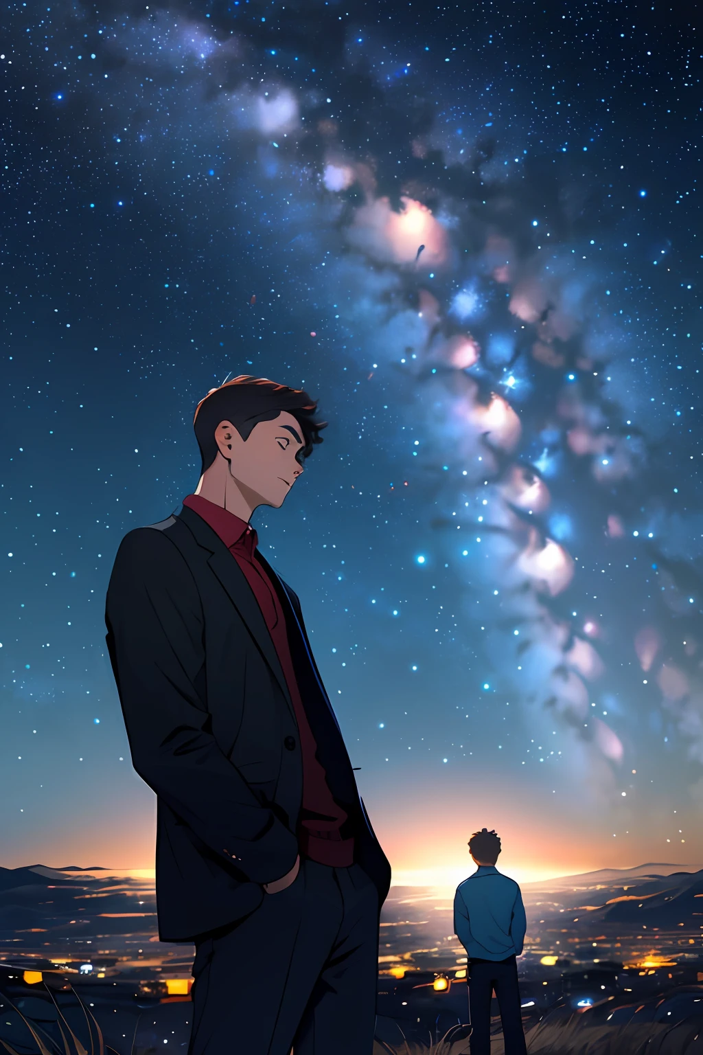 Draw a young programmer, sitting on a research platform floating in the middle of an asteroid belt. He is studying with a notebook, surrounded by several asteroids glowing with fiery auras. Dramatic lighting from distant stars and planets illuminates the scene, casting deep shadows on the suit. The young man looks confident and determined, looking at the vast and mysterious universe with wonder and respect,facial hair, cowboy shot,
