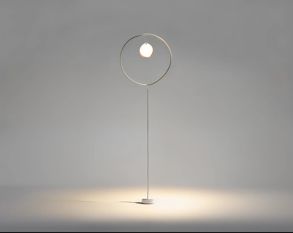 Lamp on pure white background with black base, ring light, connected by rope, circular, light loop, infinite loop, round, round minimalist behind