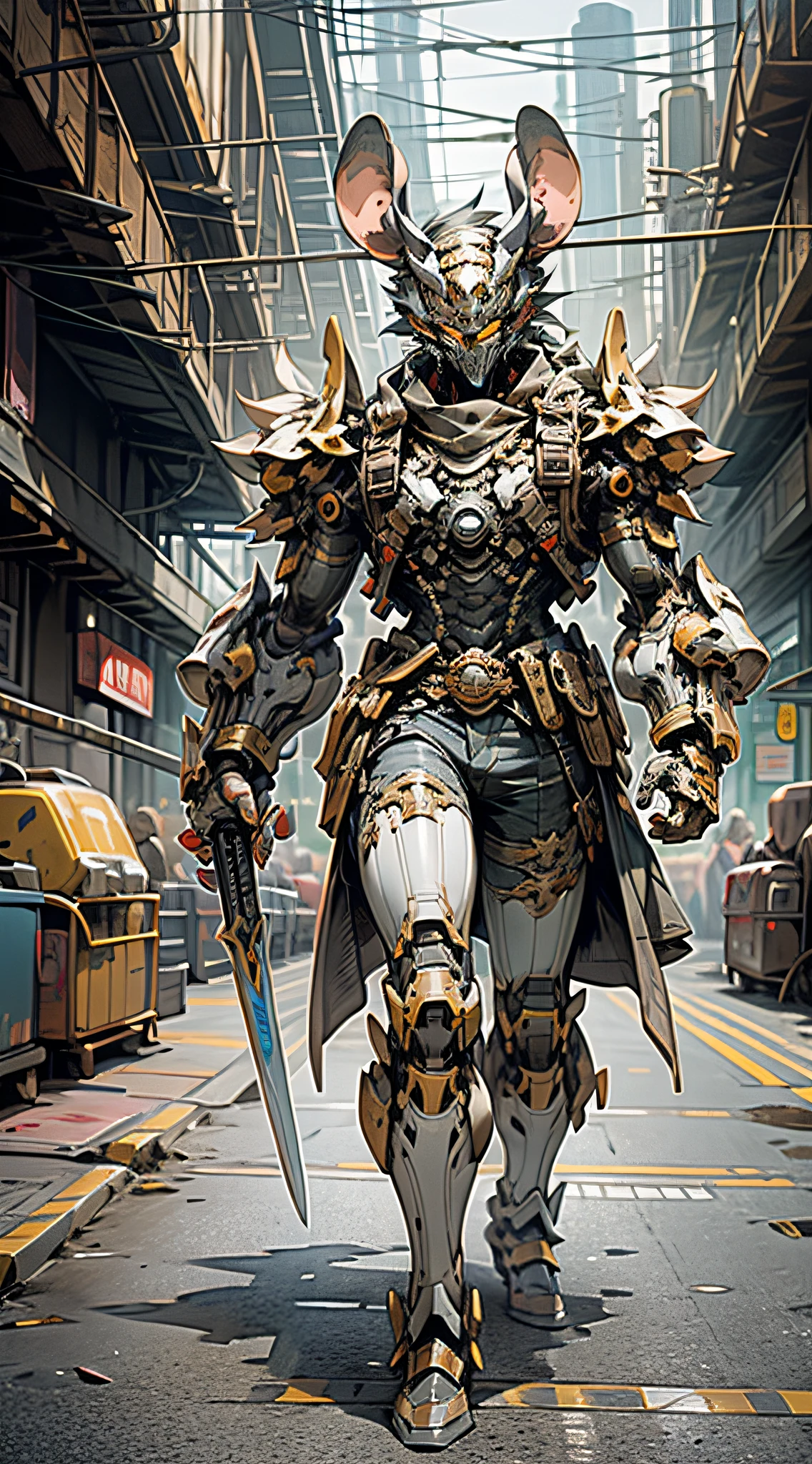 (Masterpiece) A man in antique armor and a mouse mask walking down the street, costumed warrior, weapon in hand, cyberpunk style color scheme, ((intricate details, super detailed)) 8K.