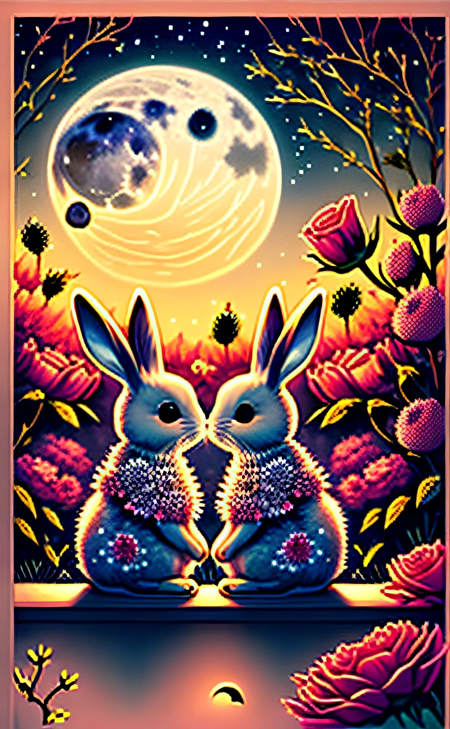 The Lovers (恋人)
"Two rabbits gazing into each other's eyes under a moonlit, eerie night sky. They are surrounded by thorny roses, symbolizing both the passion and the challenges of love."