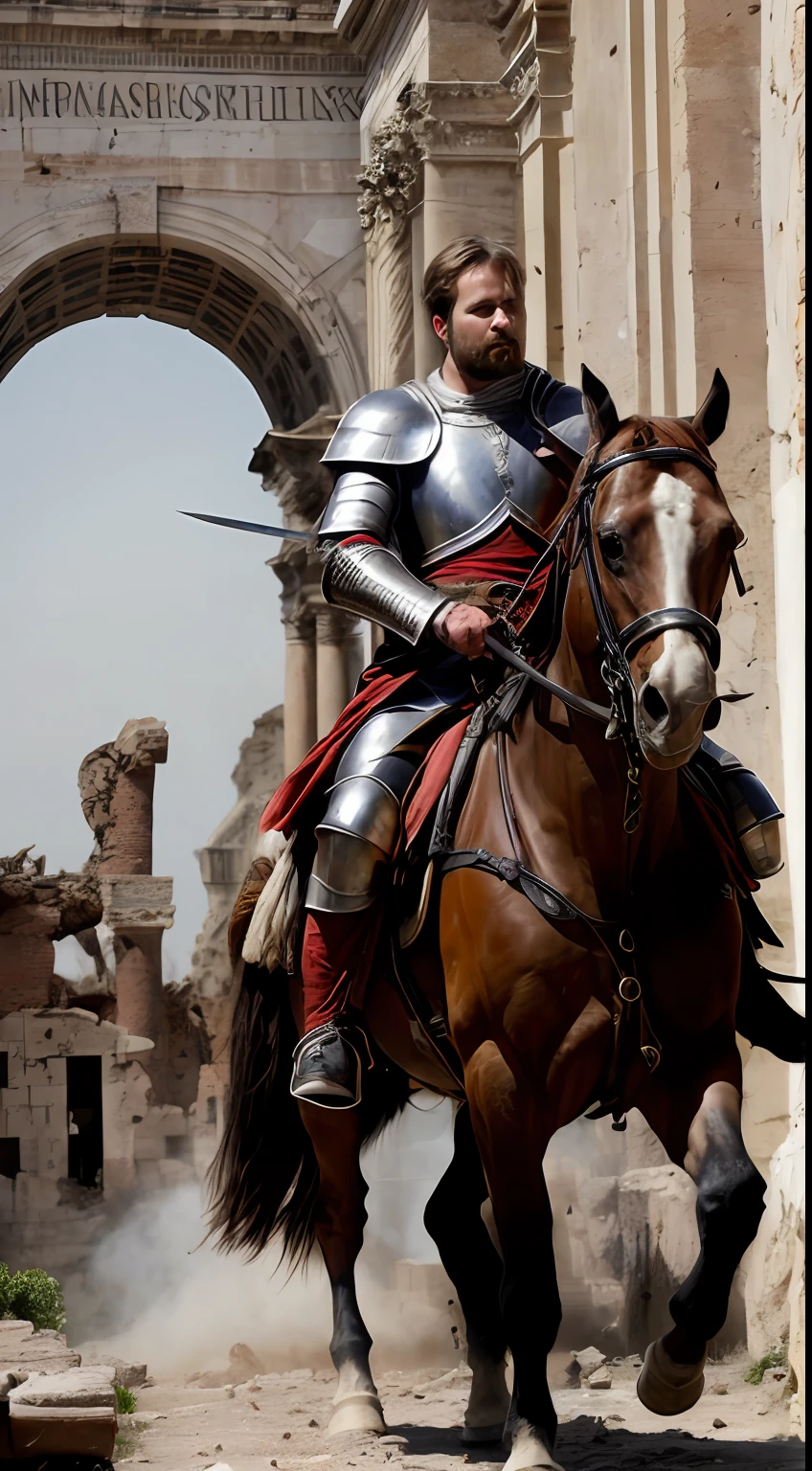 (masterpiece, high resolution, realistic style:1.3), King Alaric I, Visigoth leader, (weathered armor, adorned with symbols:1.2), fierce and resolute, leading his Visigoth troops in battle, ancient city of Rome in the 5th century, crumbling ruins, towering Roman architecture, (battle-torn streets:1.2), intense clash with Roman soldiers, shields raised, swords swinging, dust-filled air, gritty realism, historic accuracy, capturing the tension and chaos of the battle, dynamic composition, looking at viewer.