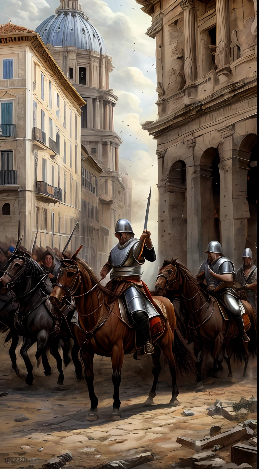 (masterpiece, high resolution, realistic style:1.3), King Alaric I, Visigoth leader, (weathered armor, adorned with symbols:1.2), fierce and resolute, leading his Visigoth troops in battle, ancient city of Rome in the 5th century, crumbling ruins, towering Roman architecture, (battle-torn streets:1.2), intense clash with Roman soldiers, shields raised, swords swinging, dust-filled air, gritty realism, historic accuracy, capturing the tension and chaos of the battle, dynamic composition, looking at viewer.