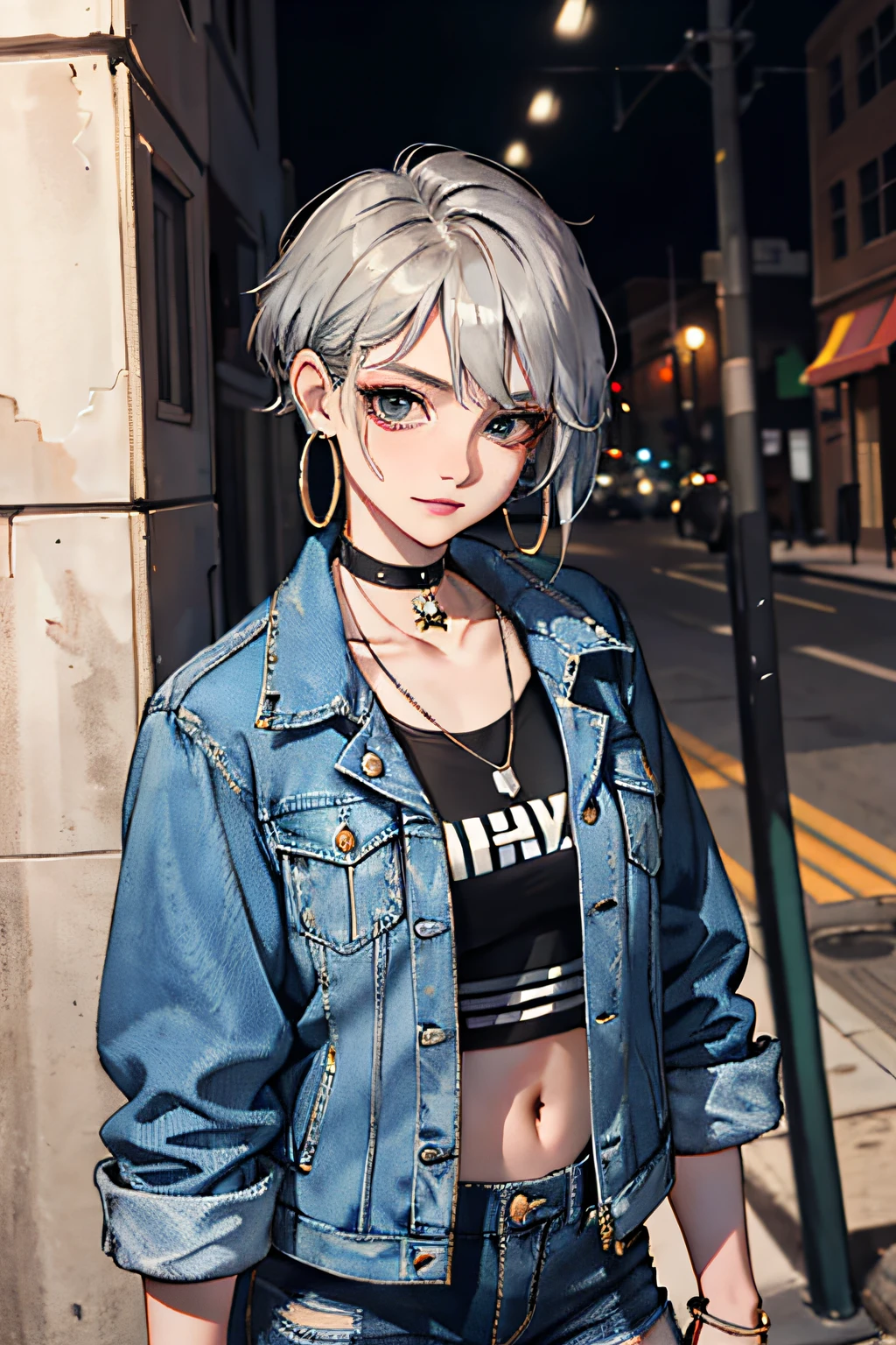 (masterpiece:1.2, best quality), (1lady, solo, upper body:1.2), Hair: buzz cut, Clothing: oversized, distressed denim jacket with patches and pins, paired with black skinny jeans and combat boots, Accessories: silver hoop earrings and a black choker necklace, Hanging out in an underground music venue or street art exhibit