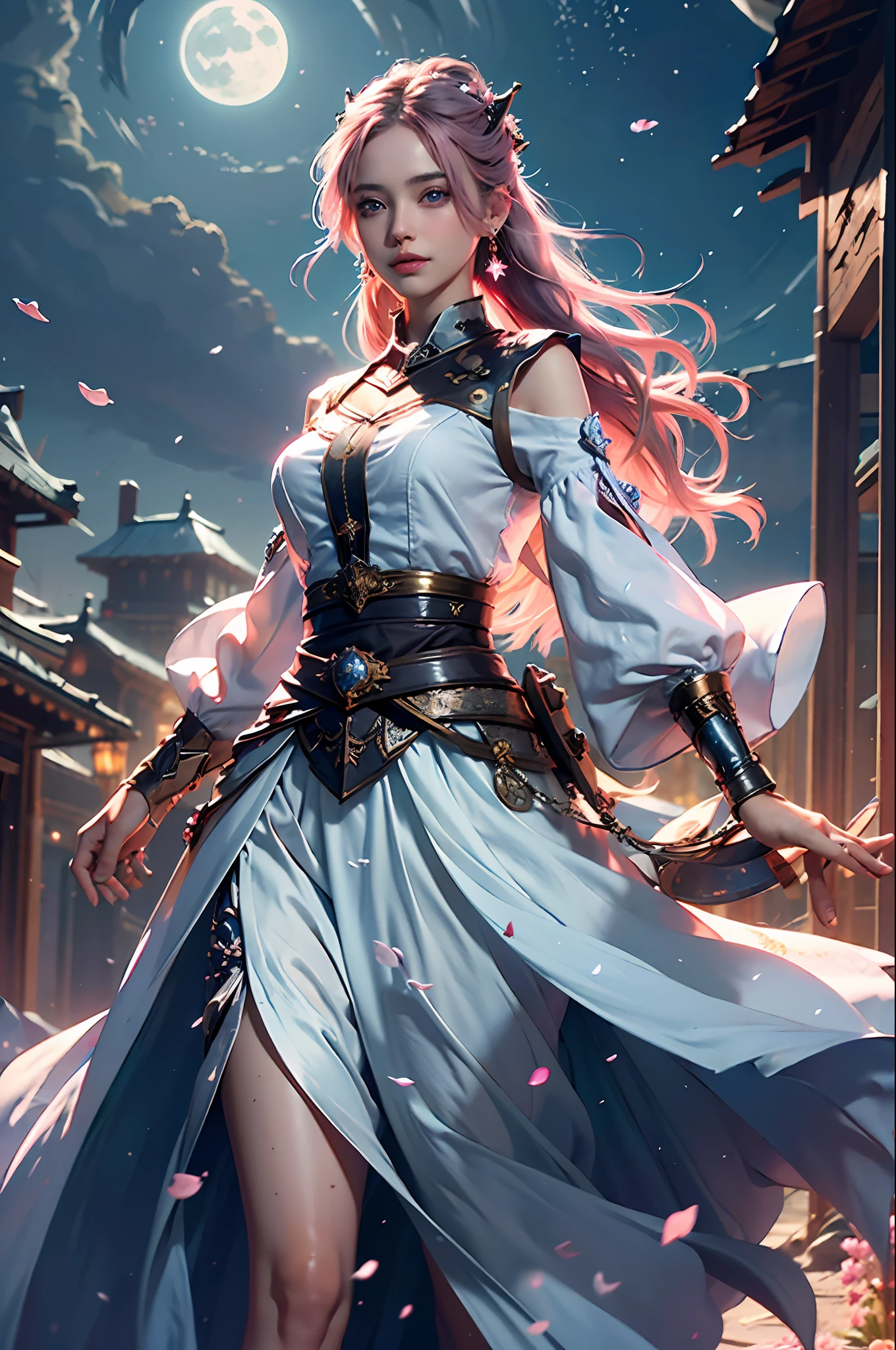 March 7 \ (Horn: Star Track), 1 girl, blue eyes, blue skirt, breasts, split sleeves, earrings, ice, jewelry, long sleeves, medium breasts, medium hair, pink hair, shirt, skirt, solo, stars \ (symbol), star earrings, white shirt masterpiece, best quality, 1 girl, (colorful), (fine beautiful eyes and detailed face), cinematic lighting, bust shot, extremely detailed CG Unity 8k wallpaper, gray hair, solo, smile, intricate skirt, ((Flying Petals)), (Flowers and Meadows) Sky, cloudy_sky, Building, Moonlight, Moon, Night, (Dark Theme: 1.3), Light, Fantasy,