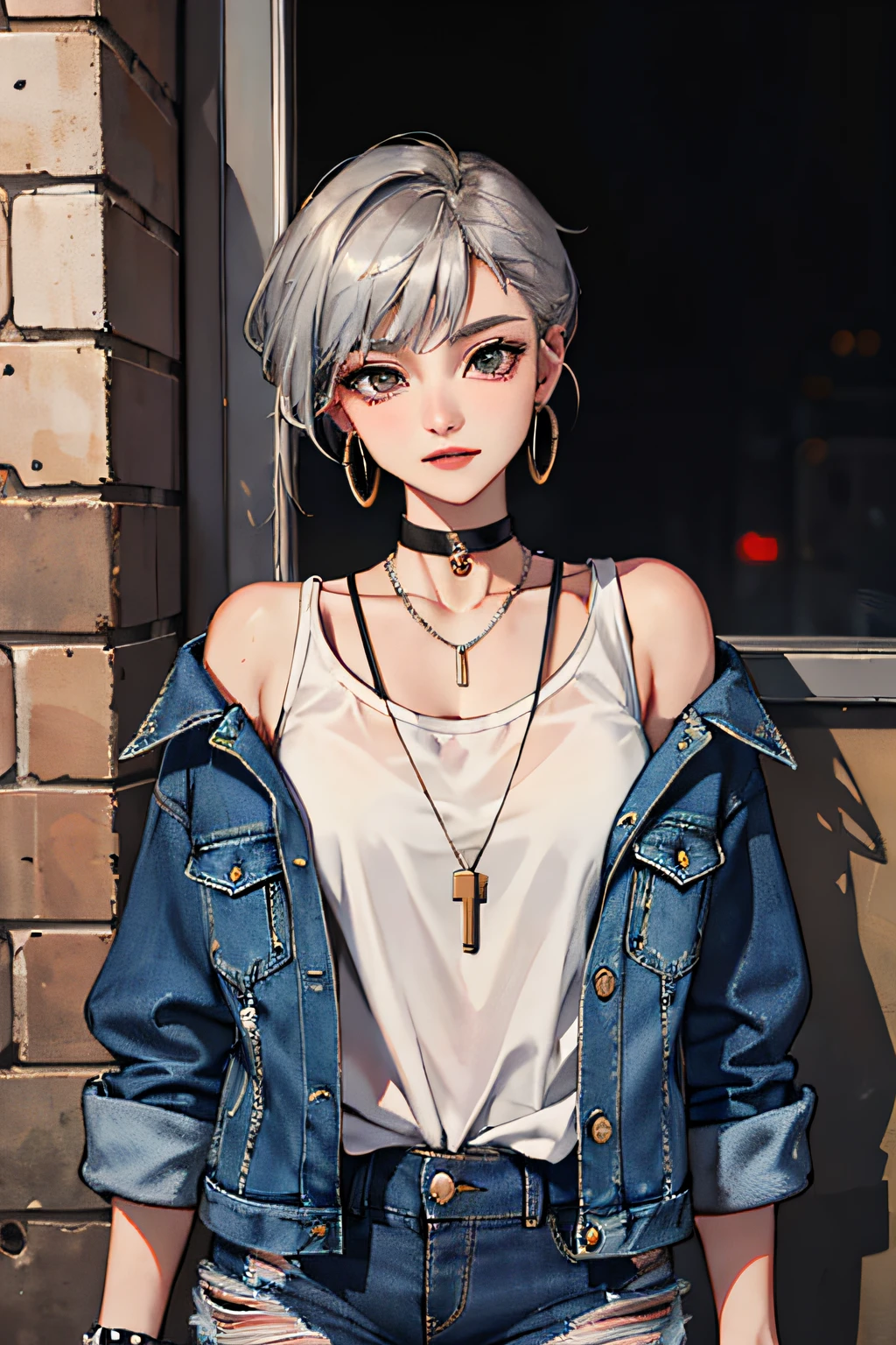 (masterpiece:1.2, best quality), (1lady, solo, upper body:1.2), Hair: buzz cut, Clothing: oversized, distressed denim jacket with patches and pins, paired with black skinny jeans and combat boots, Accessories: silver hoop earrings and a black choker necklace, Hanging out in an underground music venue or street art exhibit
