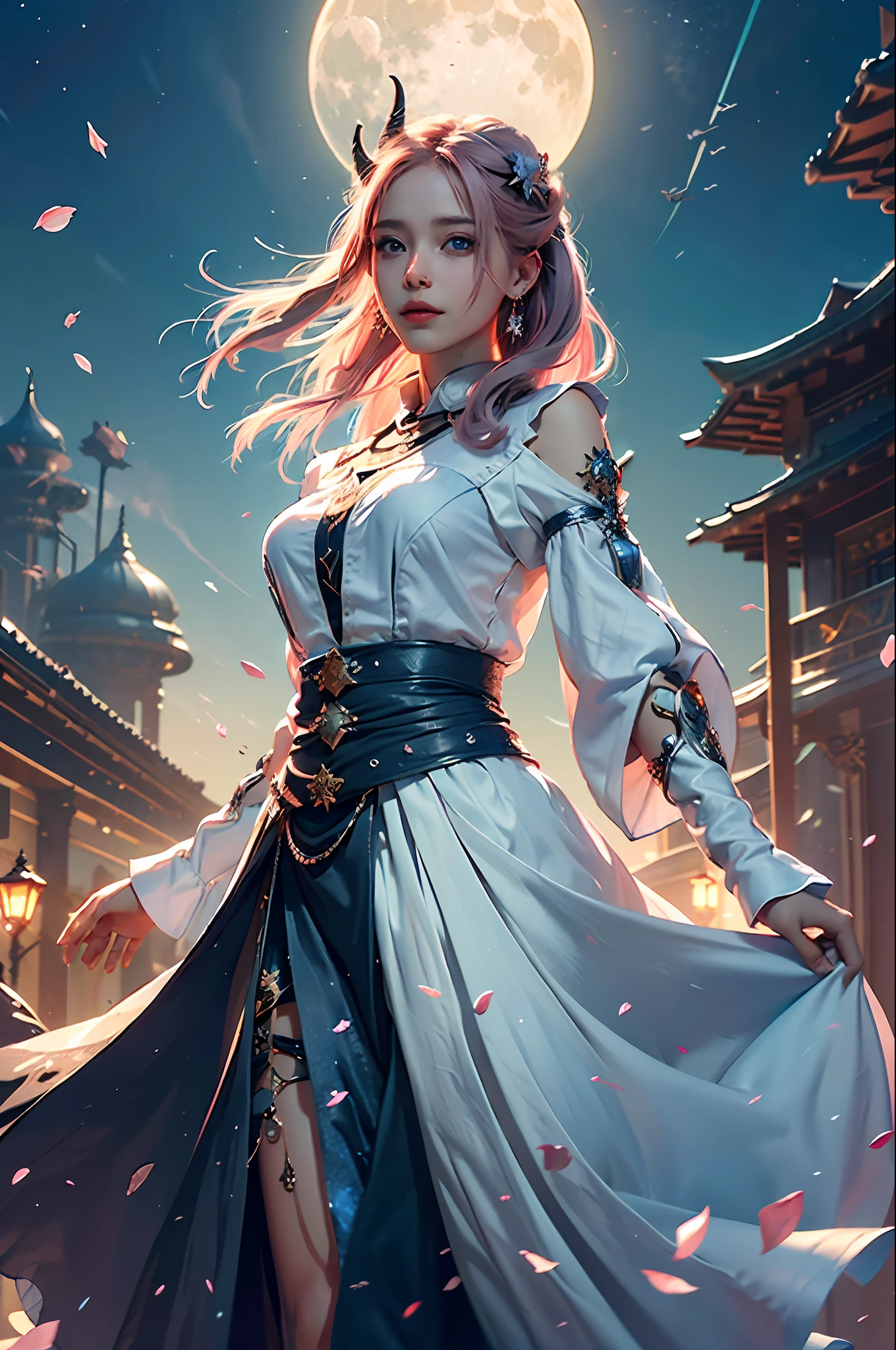 March 7 \ (Horn: Star Track), 1 girl, blue eyes, blue skirt, breasts, split sleeves, earrings, ice, jewelry, long sleeves, medium breasts, medium hair, pink hair, shirt, skirt, solo, stars \ (symbol), star earrings, white shirt masterpiece, best quality, 1 girl, (colorful), (fine beautiful eyes and detailed face), cinematic lighting, bust shot, extremely detailed CG Unity 8k wallpaper, gray hair, solo, smile, intricate skirt, ((Flying Petals)), (Flowers and Meadows) Sky, cloudy_sky, Building, Moonlight, Moon, Night, (Dark Theme: 1.3), Light, Fantasy,