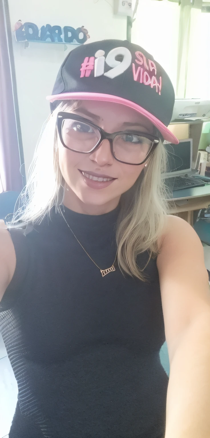 Blonde woman wearing a black tank top and a pink hat, wearing a chocker and cute hat, 30 years old, light nerdy smile, cyberpunk style