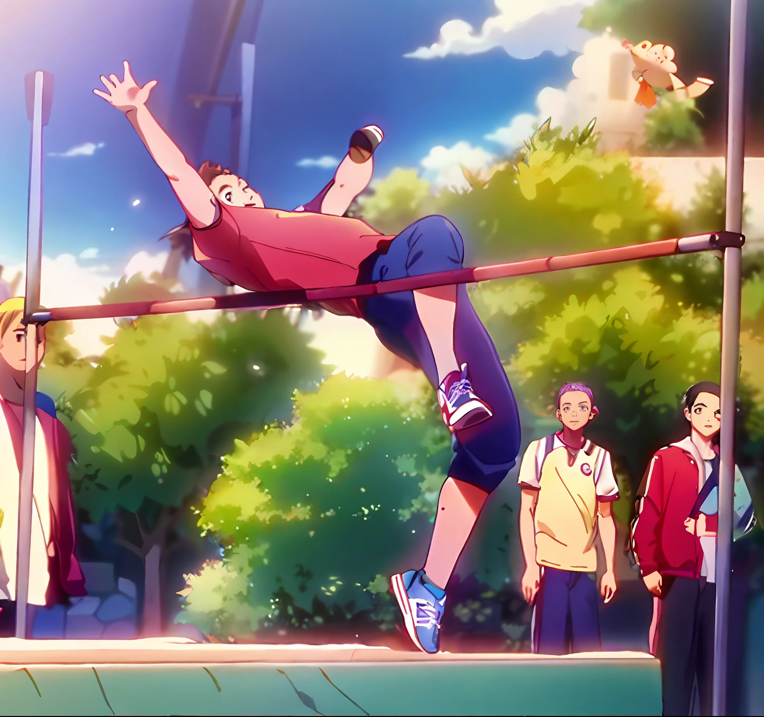 Cartoon of a brown haired man jumping over pole pole at school, super high jump, teenage jump, TV animation stills, scene of Slam Dunk, anime movie screenshot, anime movie stills, in anime movie, anime stills, high quality anime movie stills, anime movie screenshot, anime stills, 2012s anime screenshot