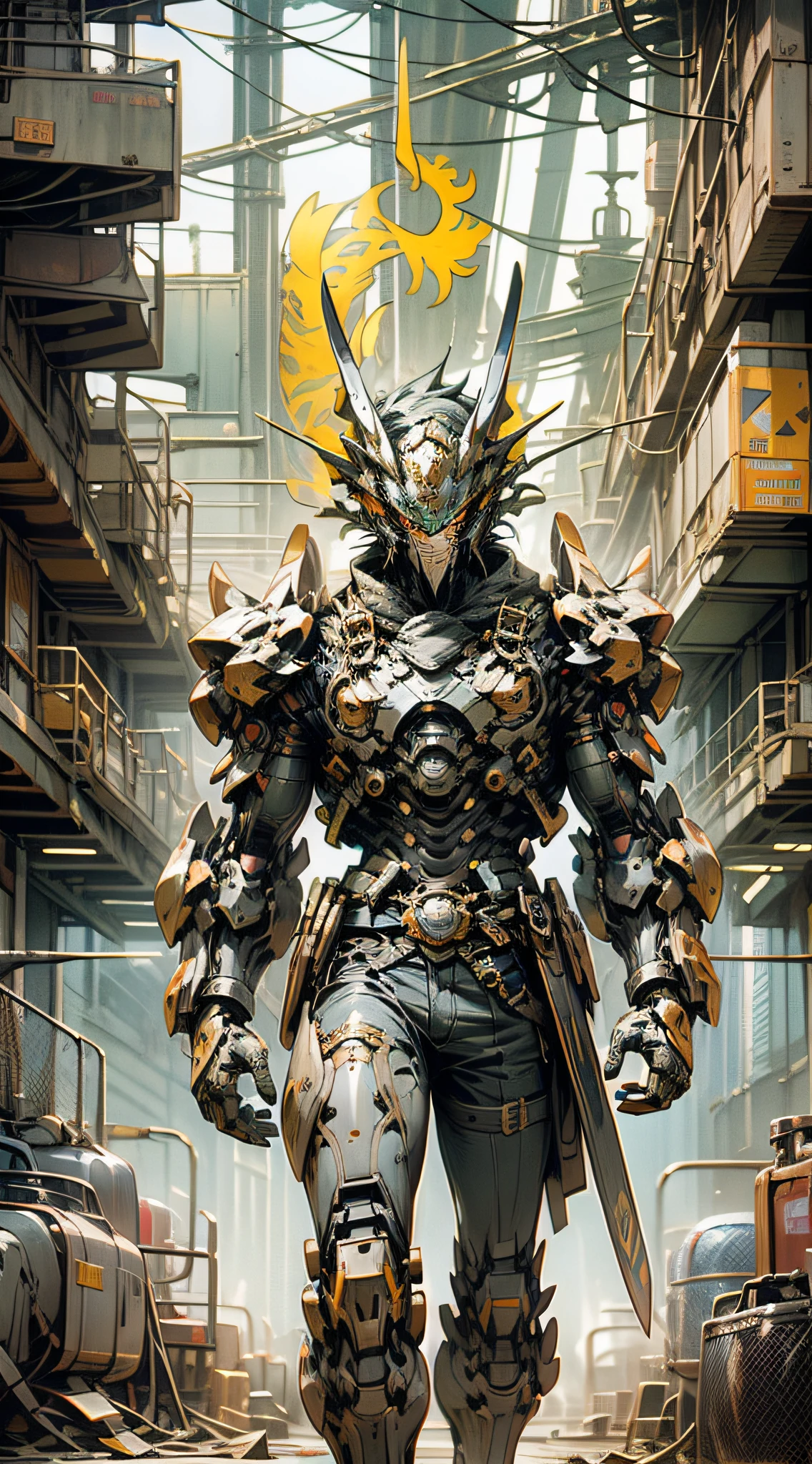 (Masterpiece) A man in antique armor and a dragon head mask holding a weapon walks the street, costumed warrior, weapon in hand, cyberpunk style color scheme, ((intricate details, super detailed)) 8K.