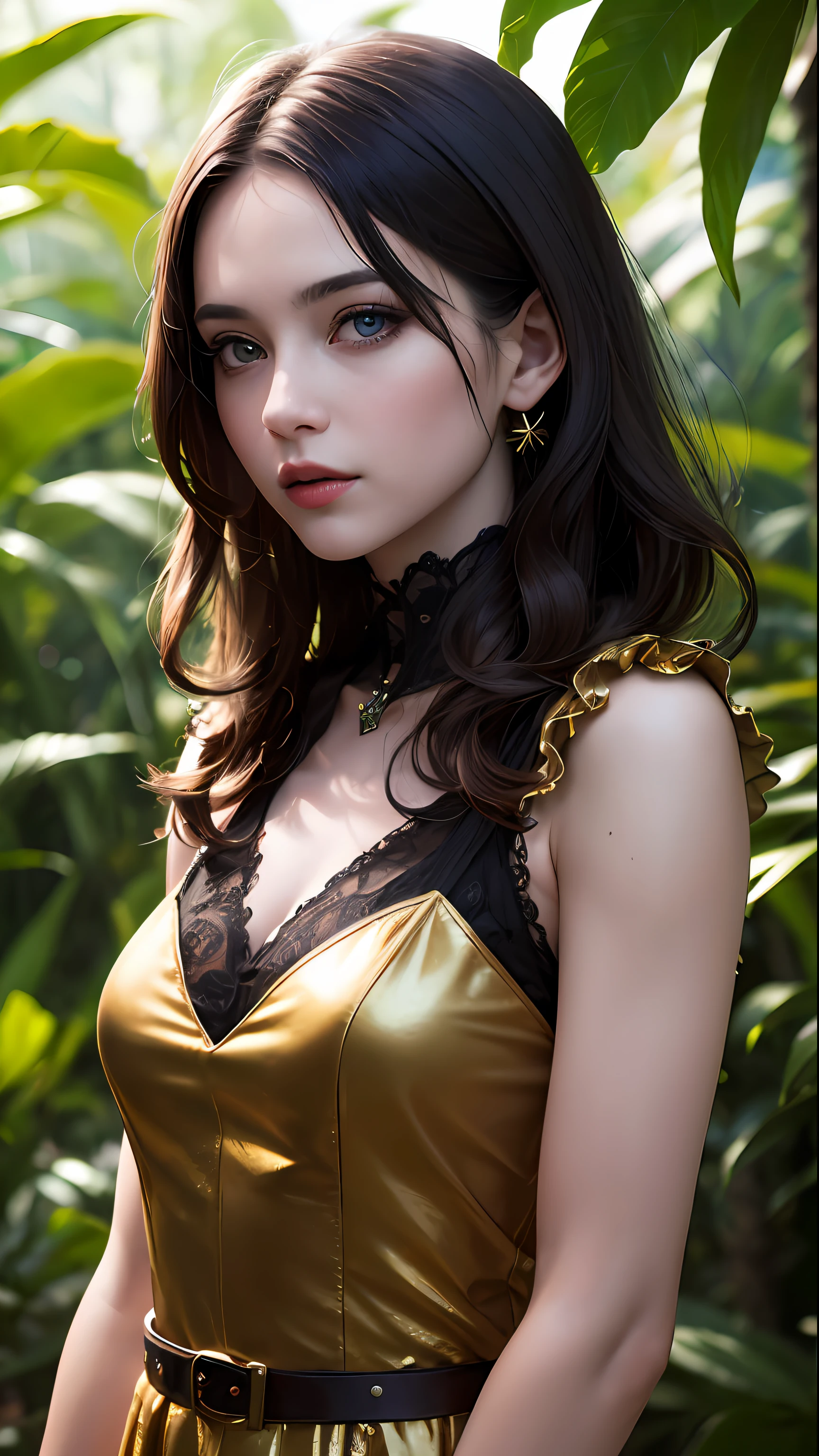 (skindentation:1.5), realistic, realistic, (masterpiece:1.5), concept art, intricate detail, highly detailed, realistic, octane rendering, 8k, unreal engine, dynamic pose, best quality, high resolution, (realistic face:1.1), (hyperrealism:1.1), ((full_body)), perfect eyes, (shiny skin: 1.2), (((hairstyle))), (((perfect hand)) ), (Very detailed background), ((Dynamic background) ), ((Rainforest), (Wild fruit), ((1girl)), Steady, restrained, (((Shining light))), ((Detailed eyes, High quality eyes, High quality face)), (Vintage dress), Brown curly hair with golden eyes, Green forest, ((dramatic)), Epic, Depth of field, Bokeh, 4k, Gothic, Ash, Particles