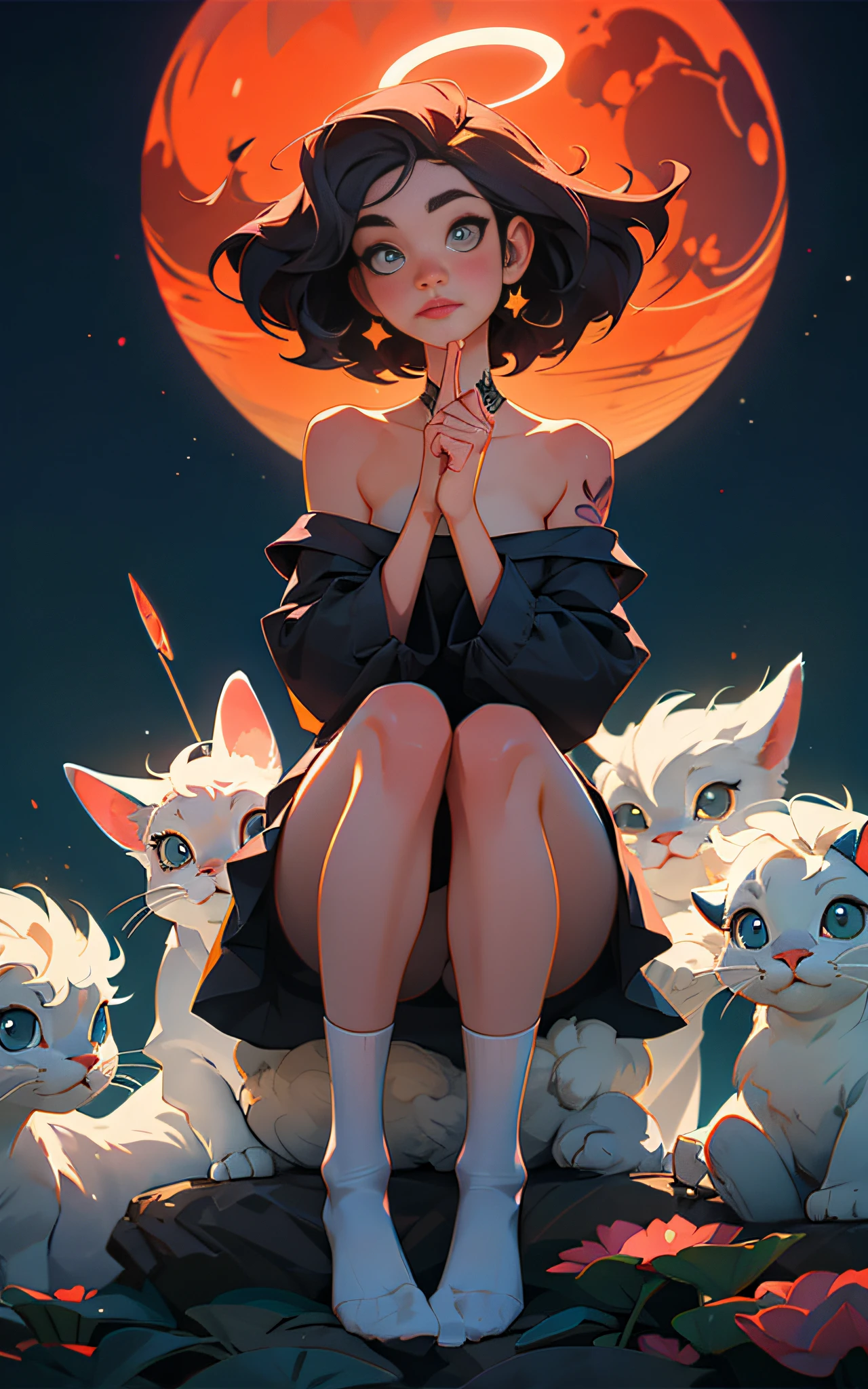 VISUAL STYLE: Detailed, GENRE: Masterpiece, ITEM(S): Very Beautiful Girl, TIME PERIOD: N/A, COLOR: White, ASPECT RATIO: 9:16, FORMAT: Digital, FRAME SIZE: Ultra High Resolution, LENS SIZE: N/A, COMPOSITION: Sitting in the lotus position, hands pointing to the sides, LIGHTING: Dim, LIGHTING TYPE: Membranous, TIME OF DAY: Night, ENVIRONMENT: Exterior, LOCATION TYPE: Starry Sky, SET: N/A, CAMERA: N/A, LENS: N/A, FILM/RESOLUTION: Ultra High Resolution, TAGS: Detailed Anatomy, Flawless Anatomy, White Socks, Short Socks, Tattoo, Mantra Reading, Big Fluffy Hare, Red Moon, Detailed Eyes, Eyes of Different Colors, Detailed Face, Nude, NSFW, Halo Around Head, Bare Shoulders.