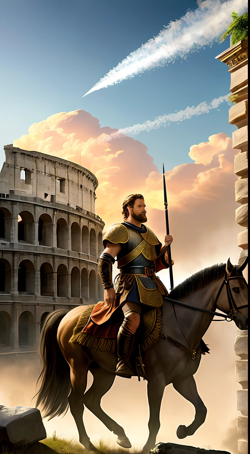 (masterpiece, detailed, realistic style:1.3), King Alaric I, commanding presence, (ornate Gothic armor:1.2), leading his Visigoth warriors, ancient city of Rome, in the throes of conflict, (imposing Roman ruins:1.2), city walls breached, fierce street-to-street fighting, intense confrontation with Roman Empire soldiers, smoke and fire, debris scattered, historical accuracy, capturing the historical context, natural lighting, subdued colors, dynamic angle, side view, looking out into the battleground.