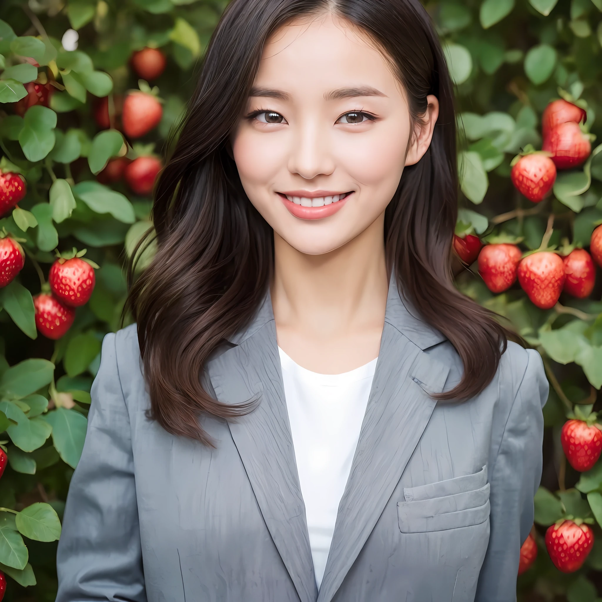 ((Top Quality, 8K, Masterpiece: 1.3)), Strawberry Picking Vinyl House, 1 Girl, Female Announcer: 1.3, (Hairstyle Casual, Recruit Suit: 1.1, Ultra Slender Face, Delicate Eyes, Double Eyelids, Smile, Up, Up