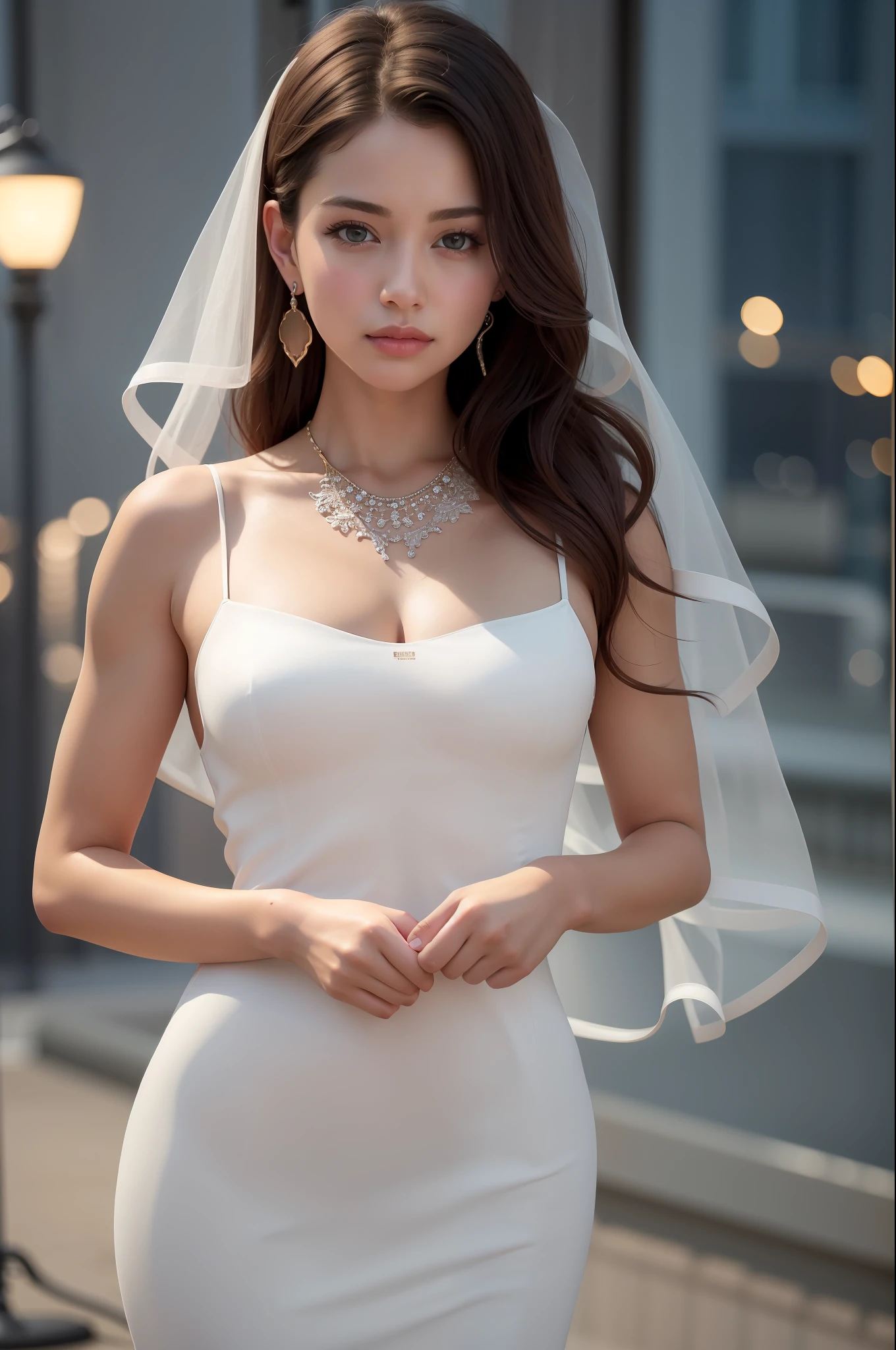 Turbulent posture, (very delicate and beautiful work), (masterpiece), 1girl, girl in a long white dress with transparent skin, veil, lace, high definition, ridiculous, charming expression, beautiful clear eyes, brown eyes, delicate necklace, delicate earrings, simple background blur, ultra-fine depiction, beautiful, attractive, ultra-fine picture, delicate face, delicate figure, thin collarbone, lovely lips, beauty big, soft back, mix4, (8k, RAW photos, top quality), masterpieces: 1.2), (realistic, photorealistic: 1.37), one girl, cute, cityscape, night, professional lighting, photon mapping, radiosity, physically based rendering,