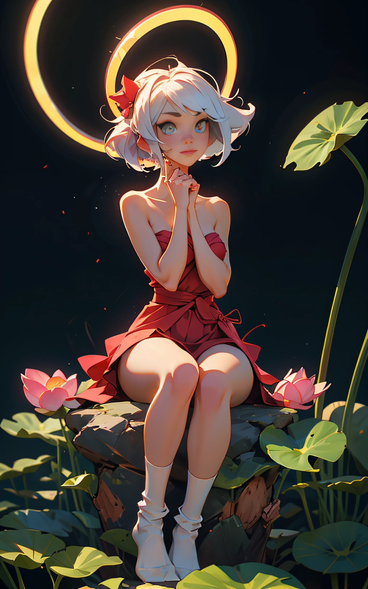 VISUAL STYLE: Detailed, GENRE: Masterpiece, ITEM(S): Very Beautiful Girl, TIME PERIOD: N/A, COLOR: White, ASPECT RATIO: 9:16, FORMAT: Digital, FRAME SIZE: Ultra High Resolution, LENS SIZE: N/A, COMPOSITION: Sitting in the lotus position, hands pointing to the sides, LIGHTING: Dim, LIGHTING TYPE: Membranous, TIME OF DAY: Night, ENVIRONMENT: Exterior, LOCATION TYPE: Starry Sky, SET: N/A, CAMERA: N/A, LENS: N/A, FILM/RESOLUTION: Ultra High Resolution, TAGS: Detailed Anatomy, Flawless Anatomy, White Socks, Short Socks, Tattoo, Mantra Reading, Big Fluffy Hare, Red Moon, Detailed Eyes, Eyes of Different Colors, Detailed Face, Nude, NSFW, Halo Around Head, Bare Shoulders.