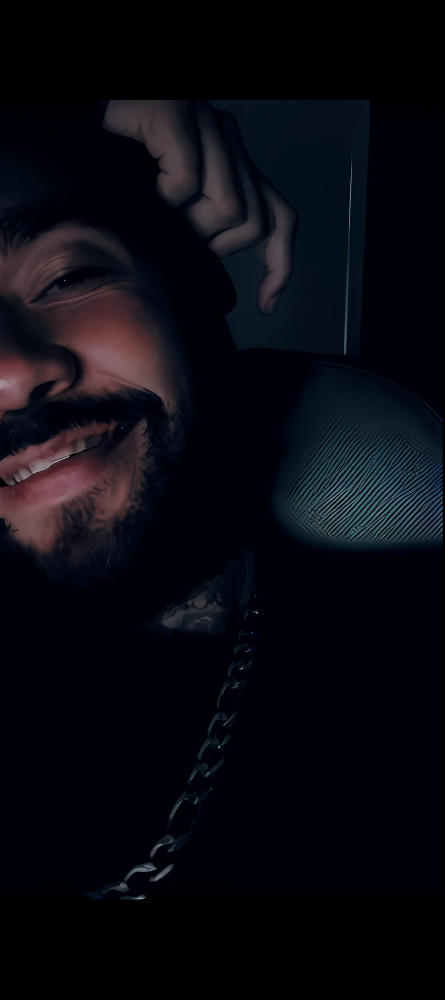 there is a man with a beard and a chain around his neck, post malone, low quality grainy, detailed smile, low quality footage, he is smiling, insane smile, grainy low quality, with red haze and a massive grin, smiling, stitches, smiling coyly, wicked smile, drake's face, smiling but has a temper, instagram story