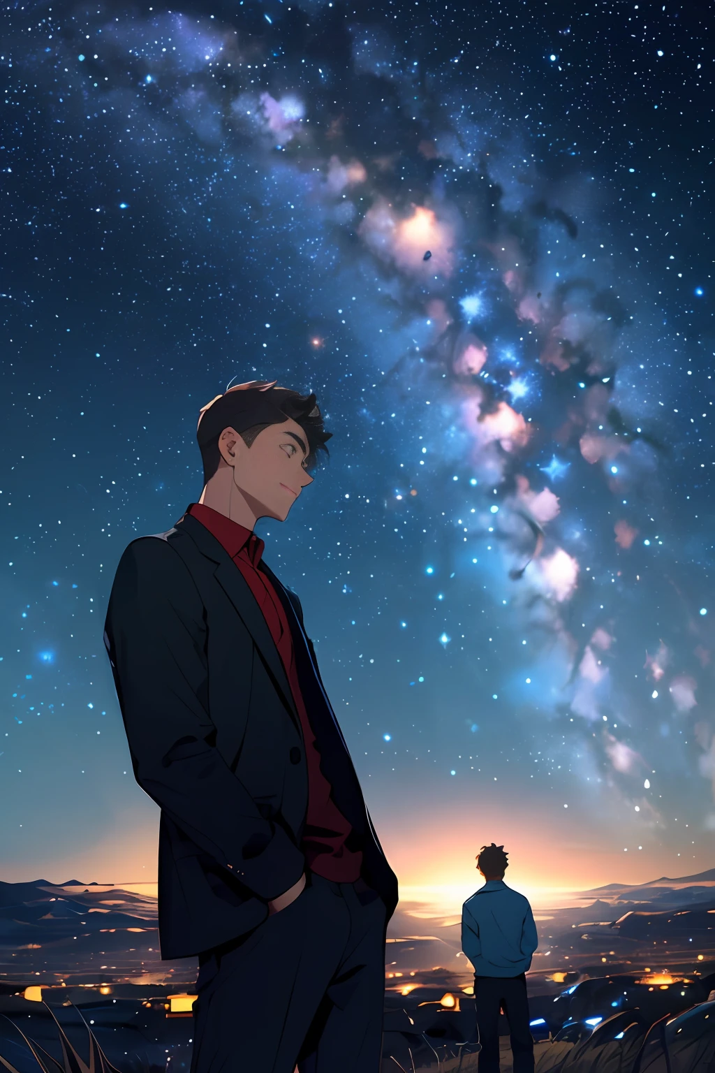 Draw a young programmer sitting on a research platform floating in the middle of the asteroid belt. He was studying with a notebook, surrounded by several asteroids that emitted fiery halos. Dramatic lights from distant stars and planets illuminated the scene, casting deep shadows over the spacesuit. Young man looks confident and determined, looking at the vast and mysterious universe with amazement and respect, full of beard, cowboy lens, looking up at the starry sky