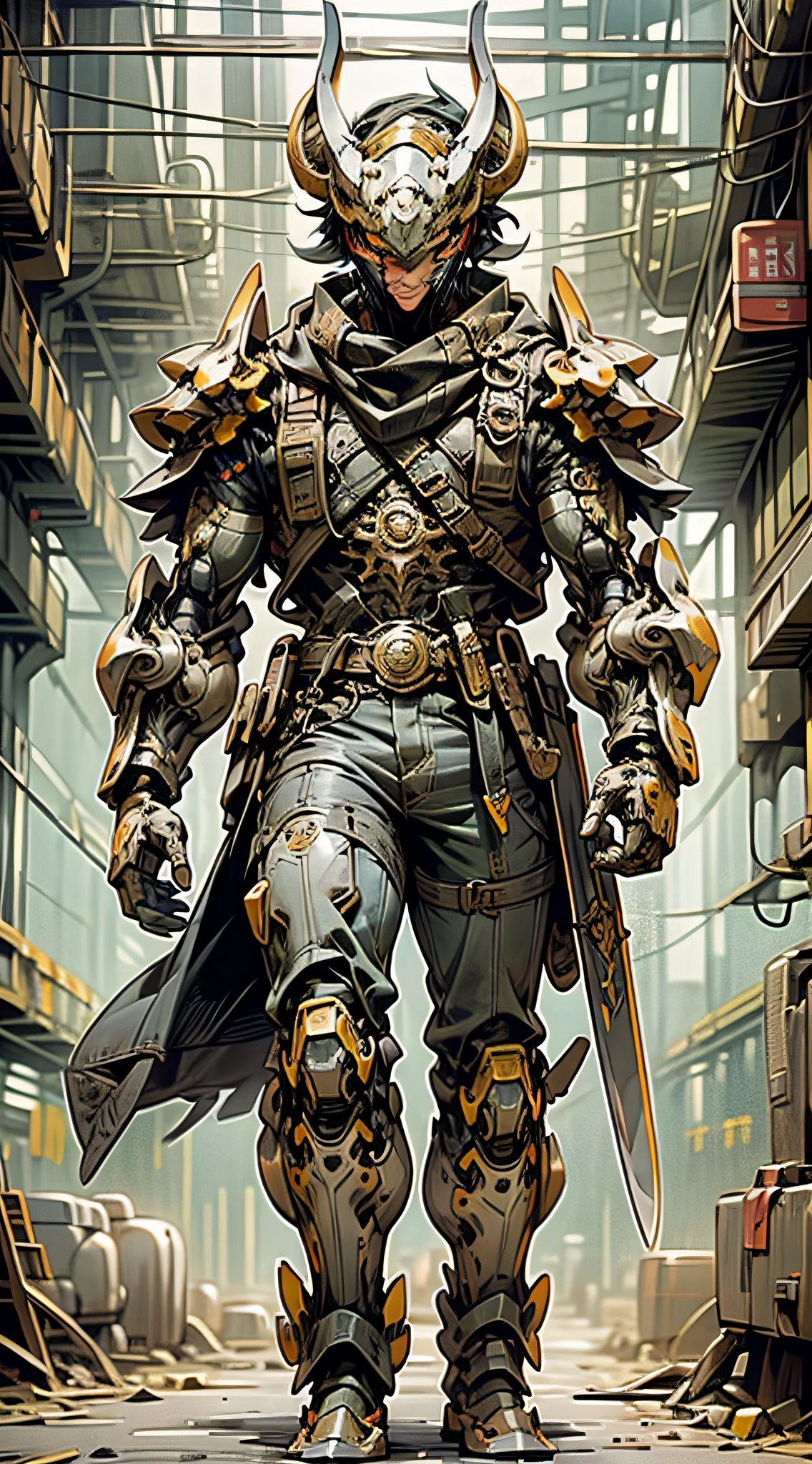 (Masterpiece) A man in antique armor and a sheep's head mask holding a weapon walks down the street, a costumed warrior, a weapon in hand, a cyberpunk style color scheme, ((intricate details, super detailed)) 8K.