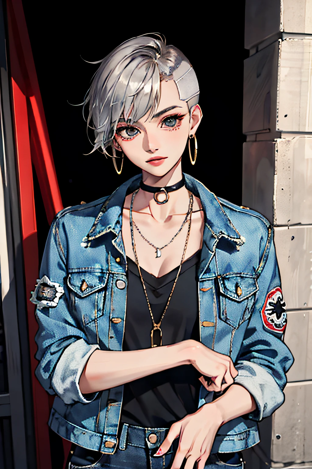 (masterpiece:1.2, best quality), (1lady, solo, upper body:1.2), Hair: buzz cut, Clothing: oversized, distressed denim jacket with patches and pins, paired with black skinny jeans and combat boots, Accessories: silver hoop earrings and a black choker necklace, Hanging out in an underground music venue or street art exhibit