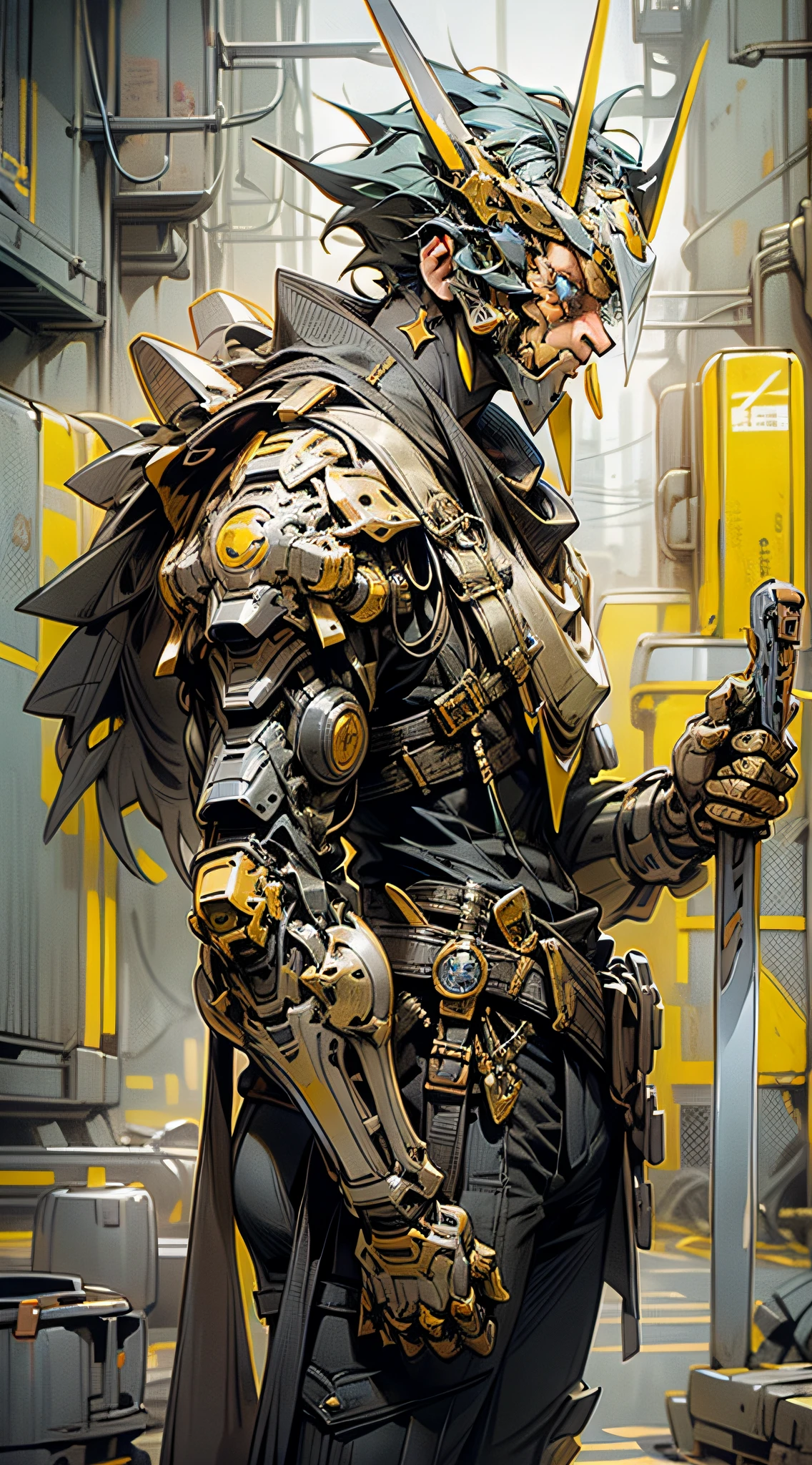 (Masterpiece) A man in antique armor and a monkey head mask with a weapon standing in the street, costumed warrior, weapon in hand, cyberpunk style color scheme, ((intricate detail, super detailed)) 8K.