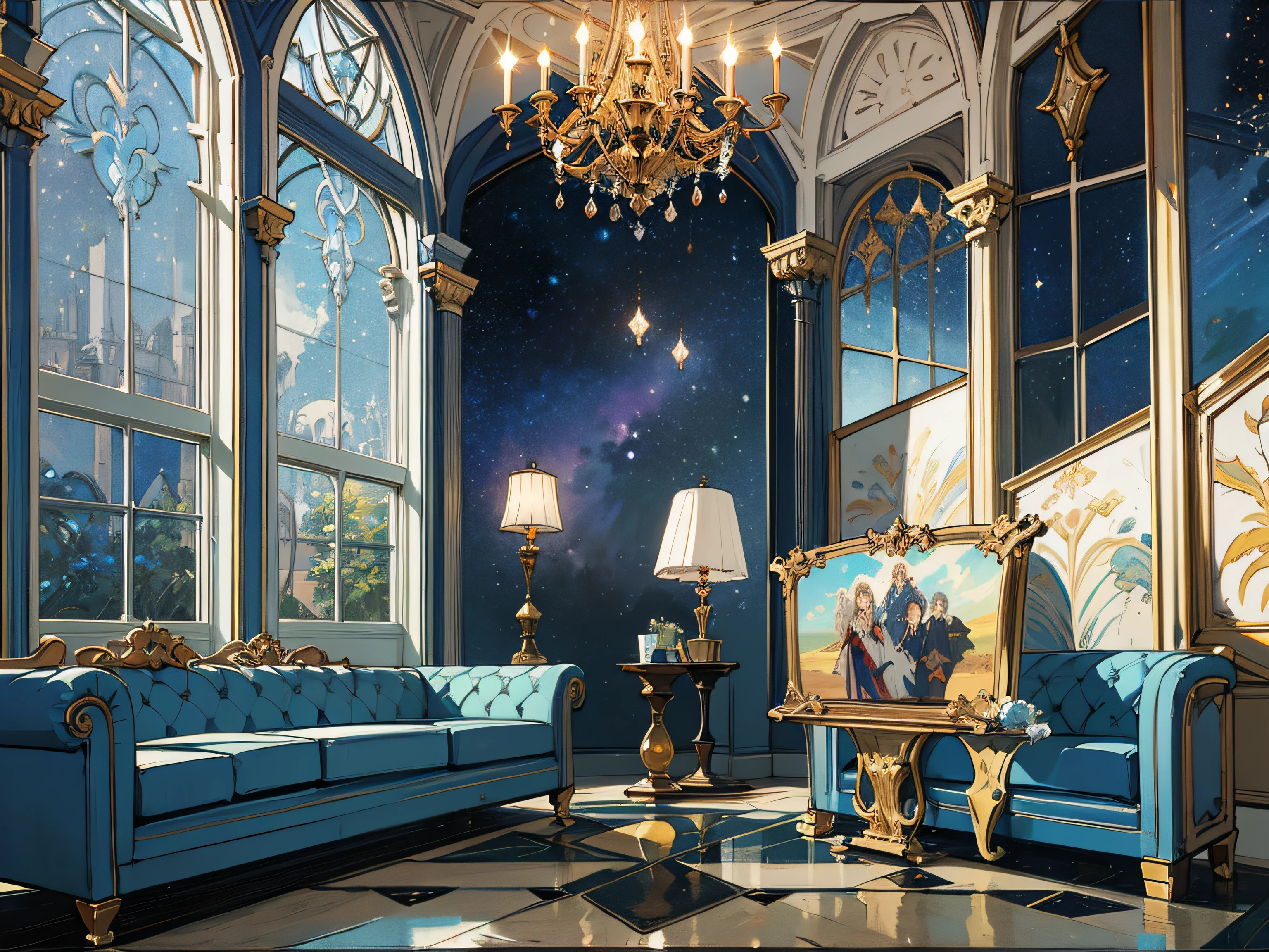 Living room, large floor-to-ceiling windows, Vladimir Borovykovsky, Maximilian Vanka, Igor Grabar, Mikhail Lebedev, Nikita Viprikov, Nadya Rusheva, Baroque paintings. Starry Sky by Nina Petrovna Valetova, by Alexander Kucharsky, detail, 8k, master work, super high quality,