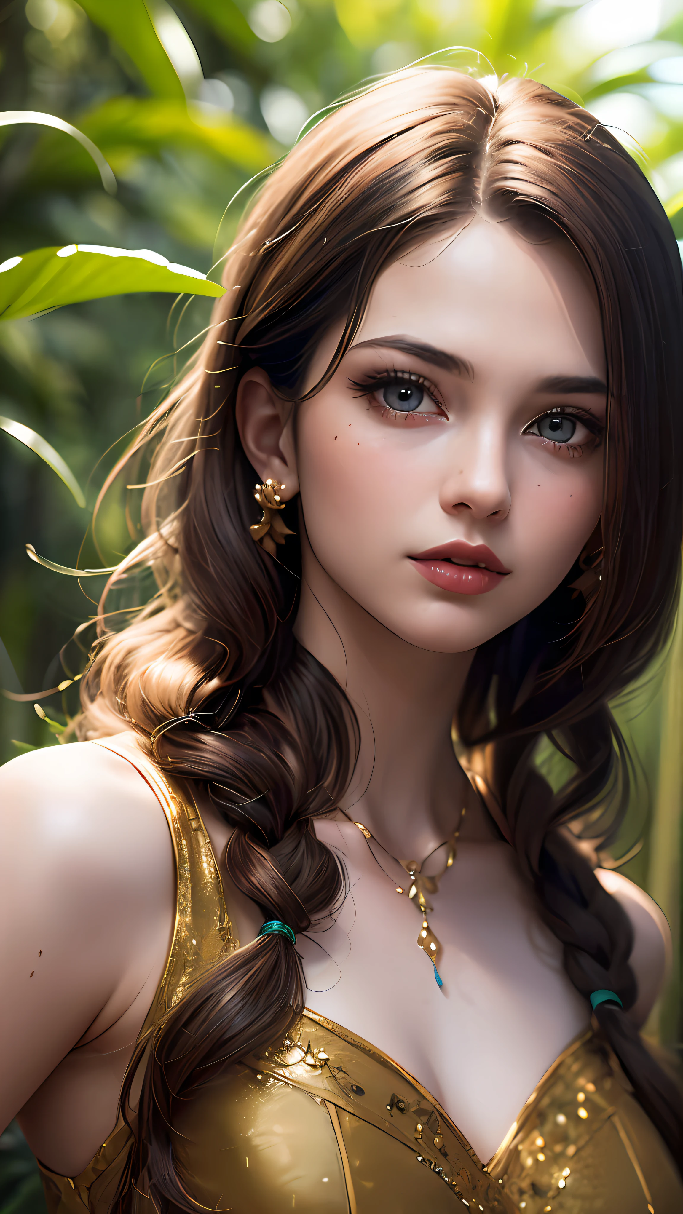 (skindentation:1.5), realistic, realistic, (masterpiece:1.5), concept art, intricate detail, highly detailed, realistic, octane rendering, 8k, unreal engine, dynamic pose, best quality, high resolution, (realistic face:1.1), (hyperrealism:1.1), ((full_body)), perfect eyes, (shiny skin: 1.2), (((hairstyle))), (((perfect hand)) ), (Very detailed background), ((Dynamic background) ), ((Rainforest), (Wild fruit), ((1girl)), Steady, restrained, (((Shining light))), ((Detailed eyes, High quality eyes, High quality face)), (Vintage dress), Brown curly hair with golden eyes, Green forest, ((dramatic)), Epic, Depth of field, Bokeh, 4k, Gothic, Ash, Particles