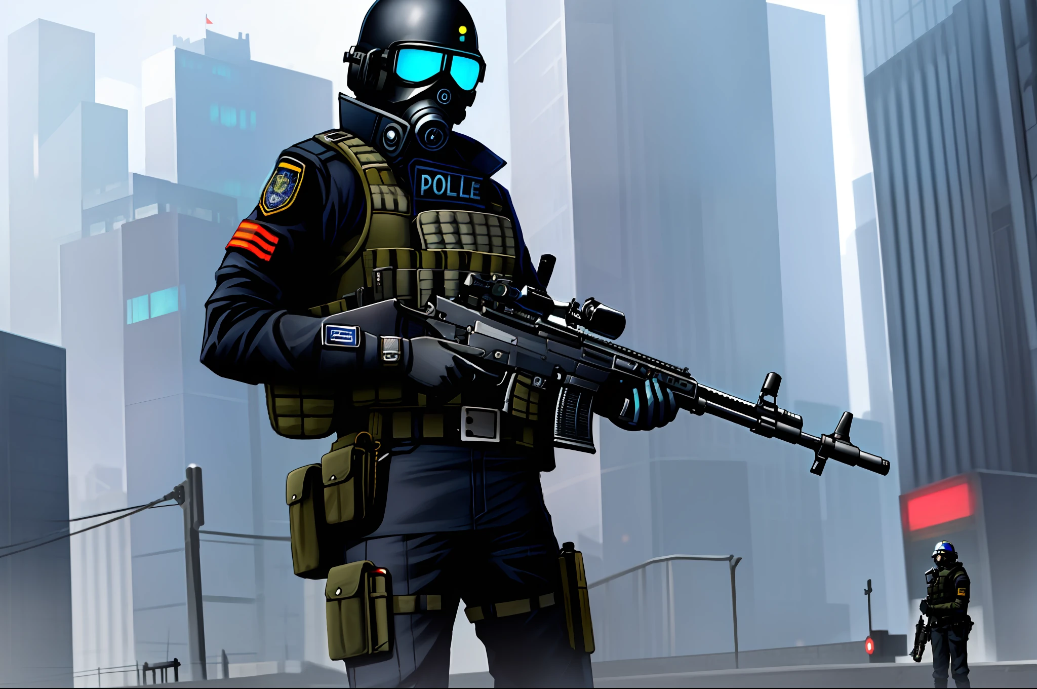 1girl, there are many people in uniform that are standing on the steps, (blue eyes), glowing eyes, military uniform, smg, submachine gun, assault rifle, pistol, pistol holster, bulletproof vest, shoulder armor, vest collar, belt, grenade belt, tool belt, chest rig, gas mask, military, police infantry, cyberpunk, ghost in the shell, night, star, moon, tower, skyscraper, city, sci fi, dystopia, tablet, helmet, policer officer, combine soldier, enforcer, pouches, gloves, combat boots, radio