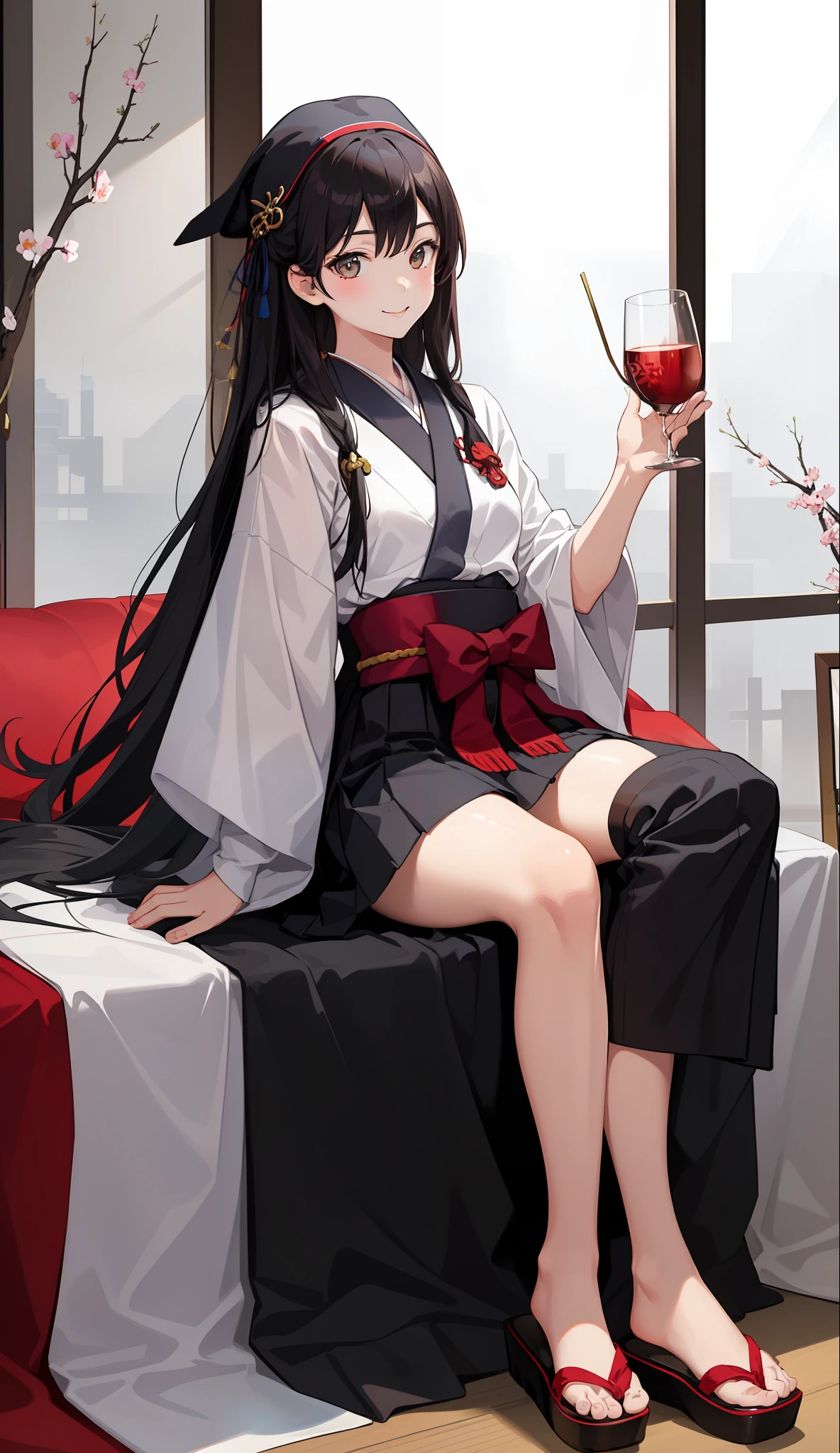 1 girl, smile, shirt, skirt, (small) chiralism, Japan high school student, priestess costume, New Year's bite, (portrait from the knee up),
