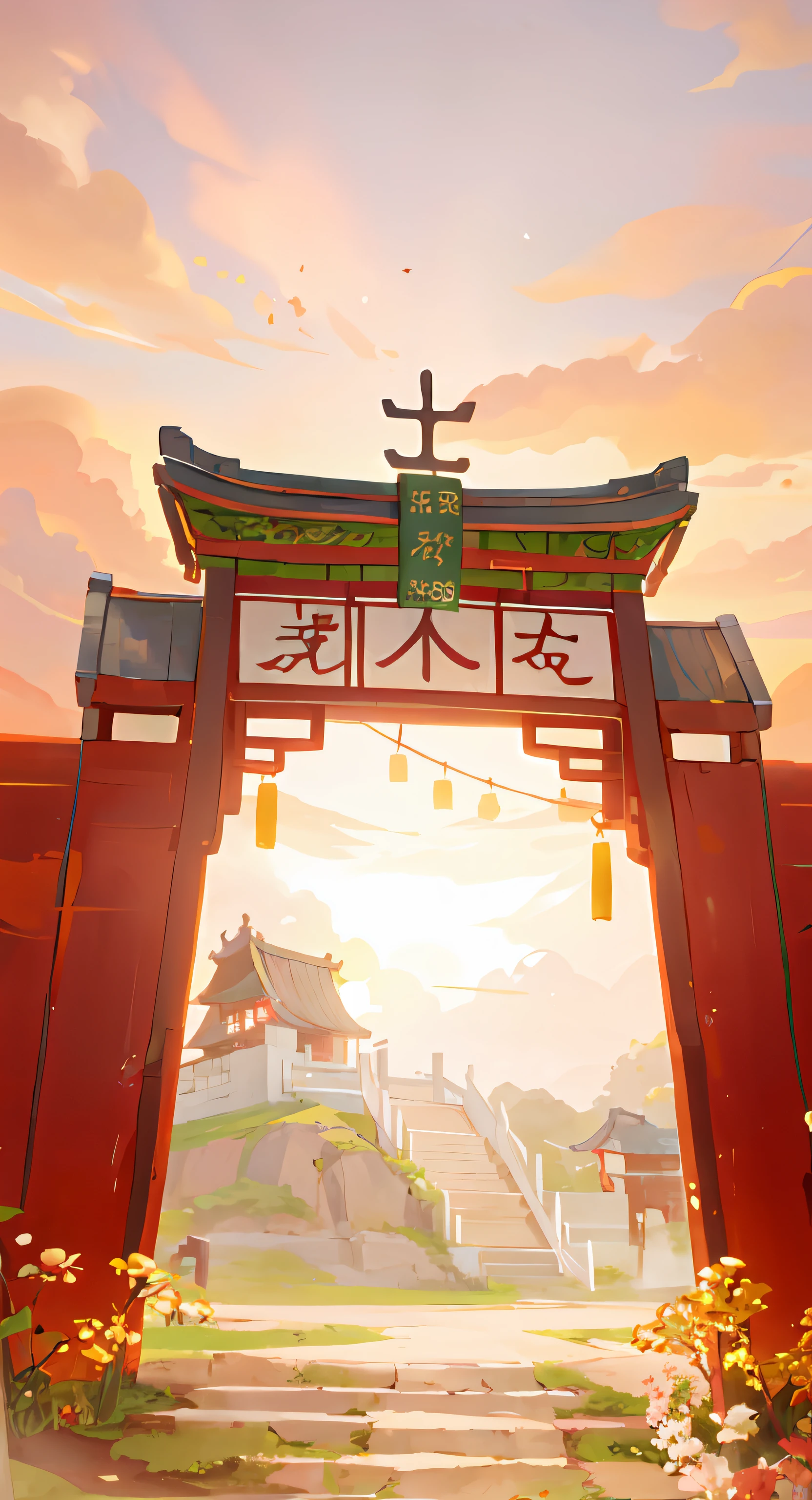 HD light Chinese style gate, beautiful artwork illustration, scroll in the middle, rice ears around the perimeter, depicting landscape sunset clouds in the background