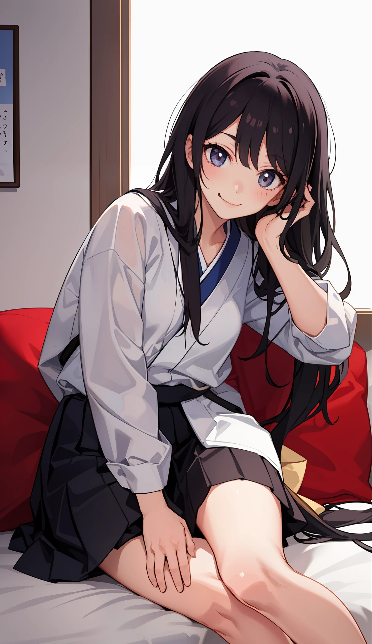 1 girl, smile, shirt, skirt, (small) chiralism, Japan high school student, priestess costume, New Year's bite, (portrait from the knee up),