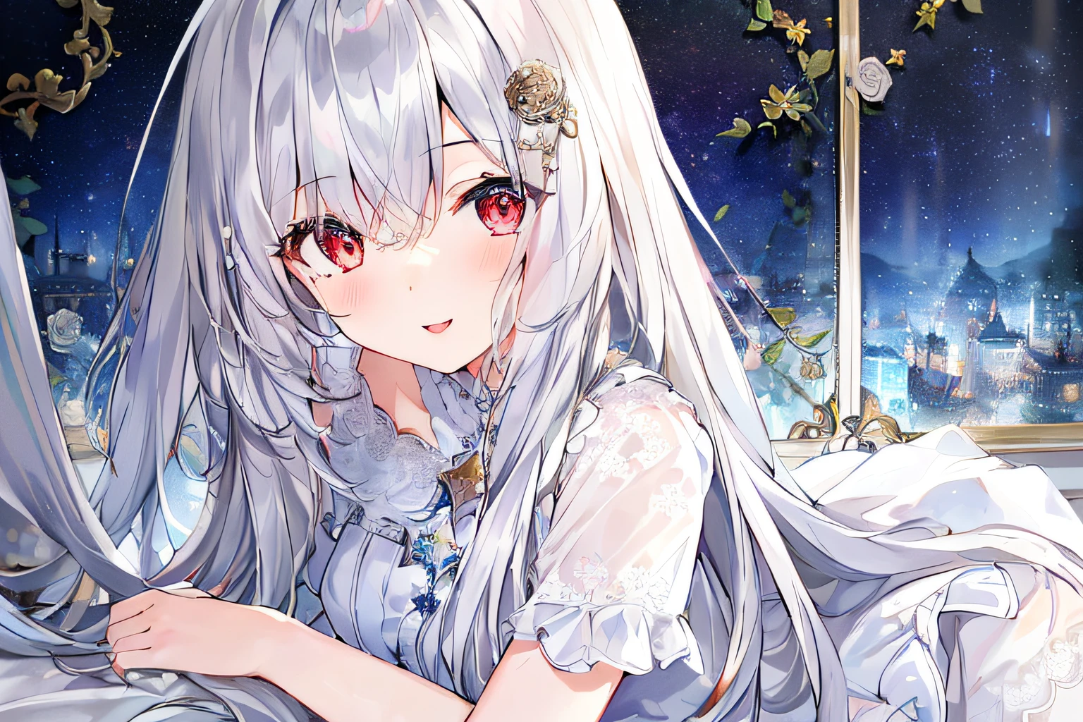 1girl, full body, denim photo, (Rembrandt), illustration, (masterpiece), (best quality), (ultra_detailed), finely detail, (Depth of field), , glove, long hair, star\ (symbol\), looking at viewer, (silver hair:1.2), red eyes, upper body, hair ornament, :p, frills, pink shirt, smile, sleeveless, shirt, idol, symbol-shaped pupils, hands up, sleeveless, shirt, idol, symbol-shaped pupil, bangs, side up, star-shaped pupil, arms up, skirt pulling, roaring twenties, isometric, seen from above, sky, flowerscliff