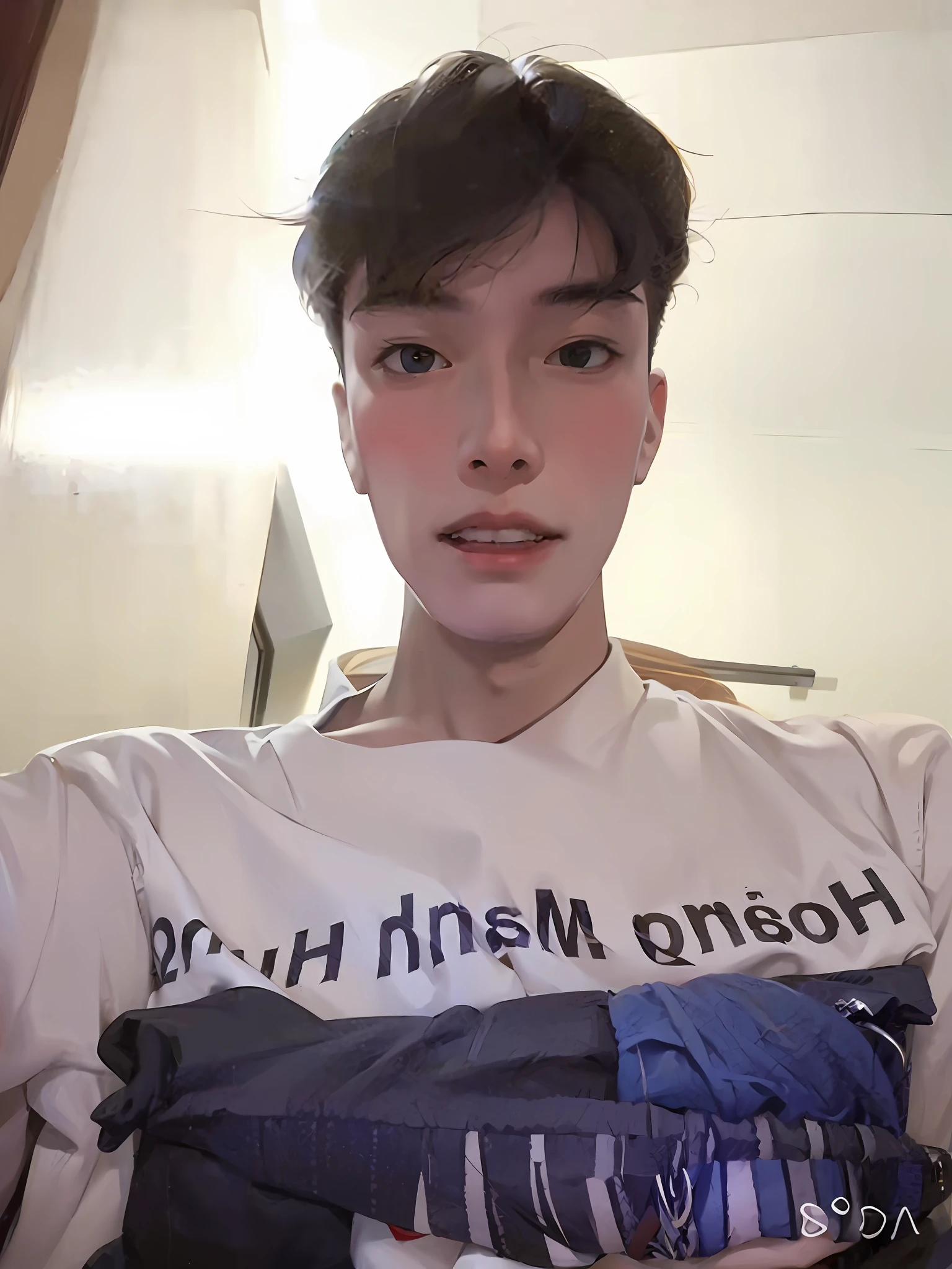 arafed man with a white shirt that says hong man hong, selfie shot straight on angle, 8k selfie photograph, 2 , 2 2 years oldren heng, handsome chad chin, profile pic, hong june hyung, 2 3 years old, selfie phed by Hong Ren, wide forehead, loong