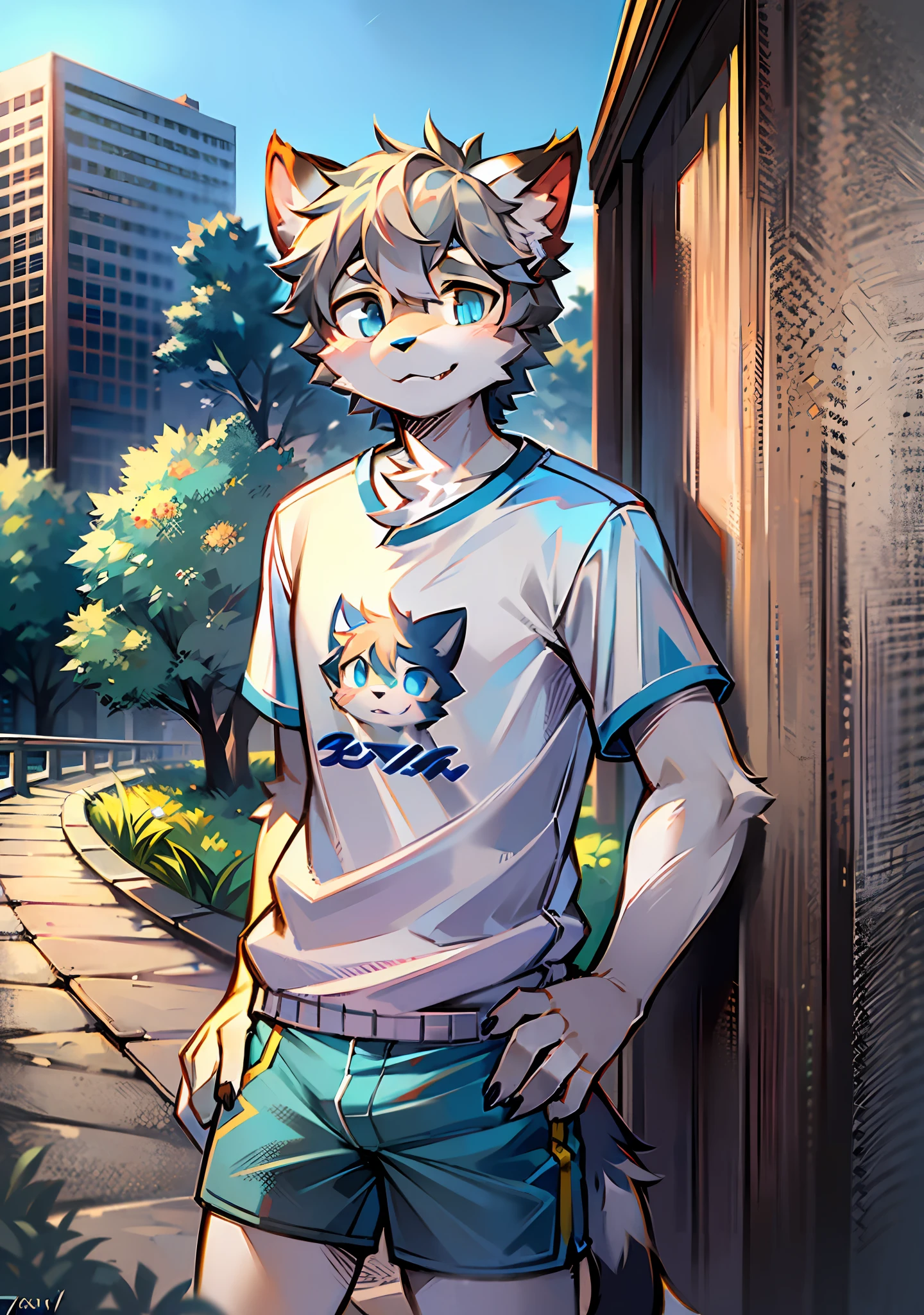 bright eyes, panorama, character focus solo, furry, furry male cat, male yellow-white fur, blue eyes, gray hair (long), wearing blue shorts and shorts, casual clothing, young style, height one meter seven, handsome, has a tail,