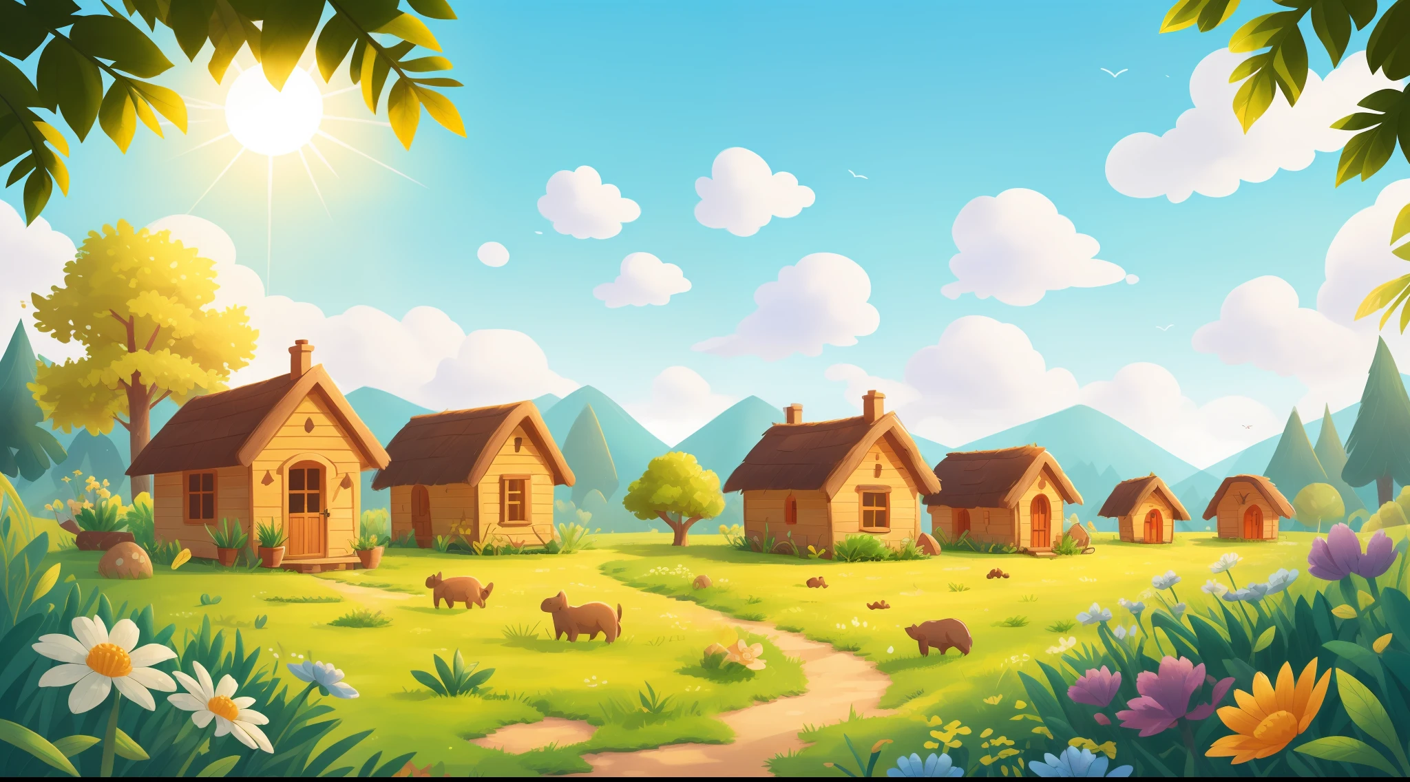 a cute landscape with a small wooden house and light blue sky with sunshine, wide sky