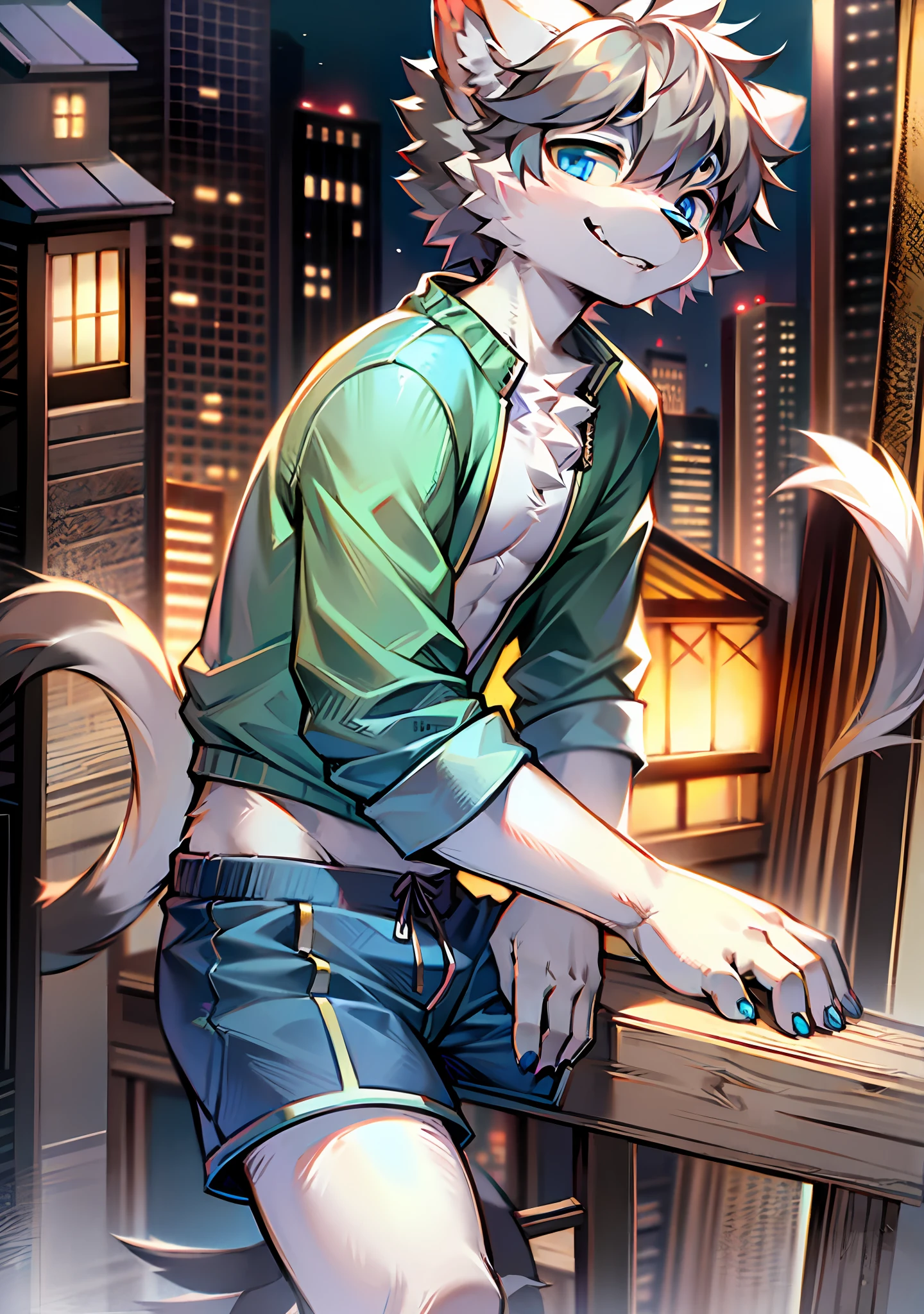 bright eyes, panorama, character focus solo, furry, furry male cat, male yellow-white fur, blue eyes, gray hair (long), wearing blue shorts and shorts, casual clothing, young style, height one meter seven, handsome, has a tail,