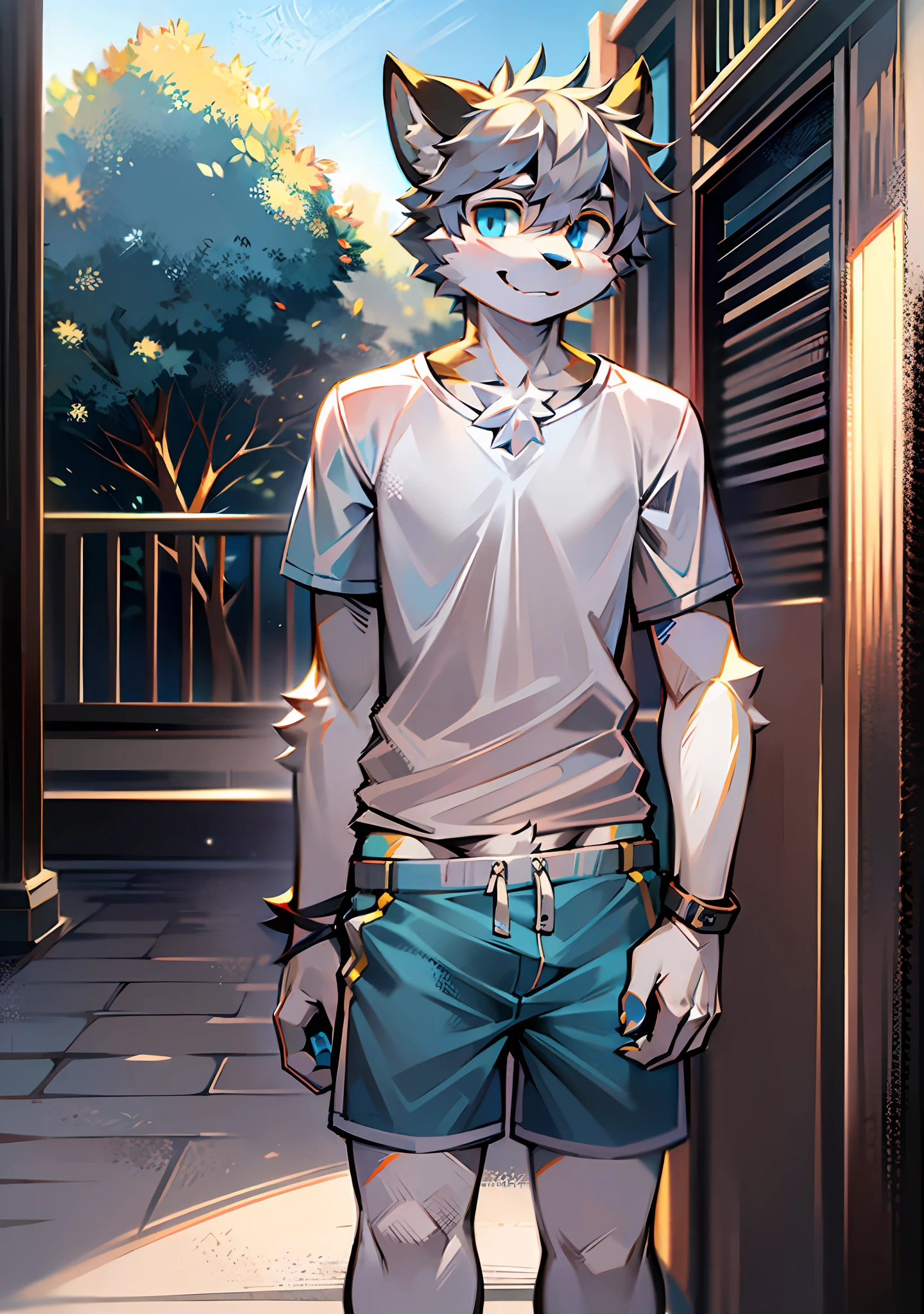 bright eyes, panorama, character focus solo, furry, furry male cat, male yellow-white fur, blue eyes, gray hair (long), wearing blue shorts and shorts, casual clothing, young style, height one meter seven, handsome, has a tail,