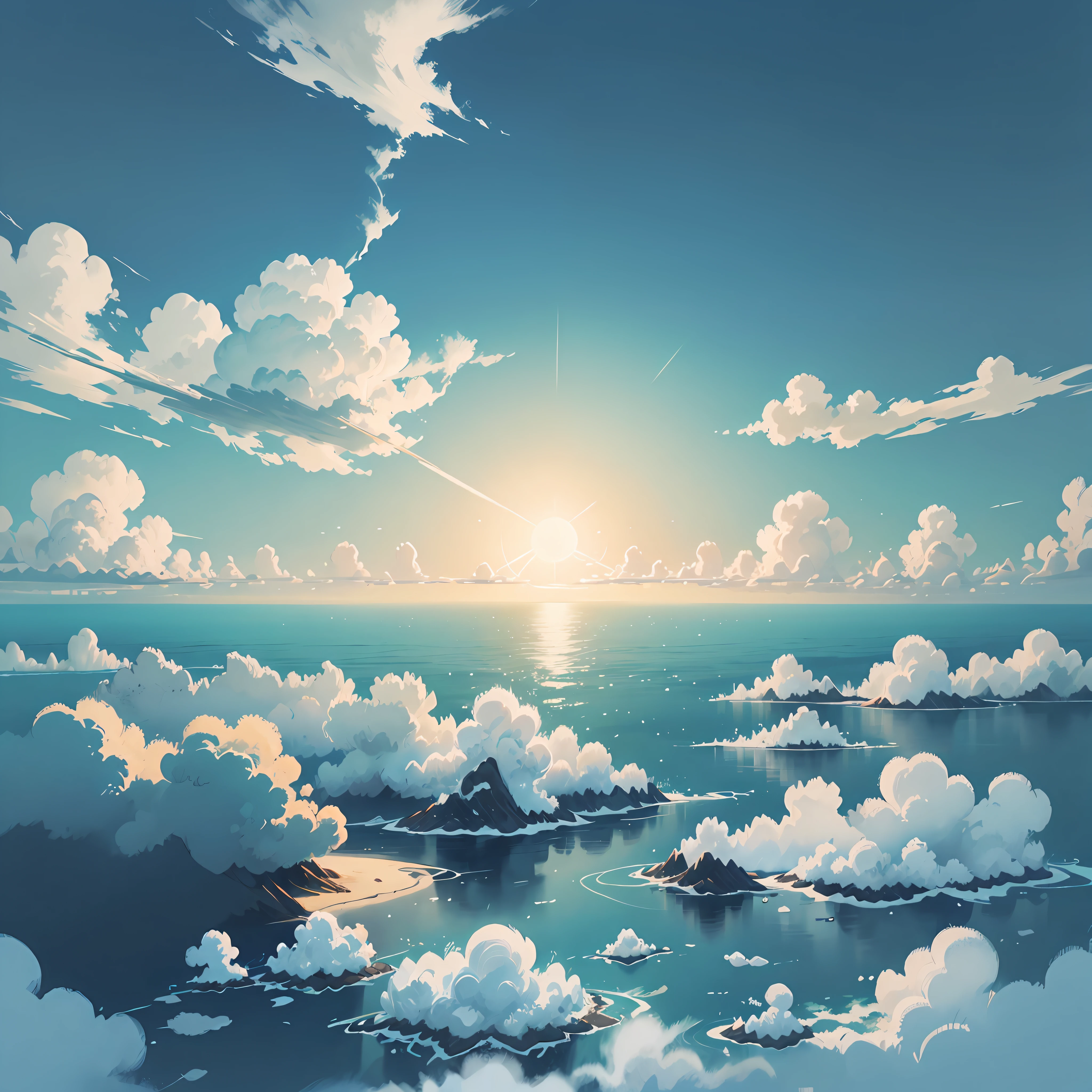 Clear sky, white clouds, vastness of the ocean, rising sun.