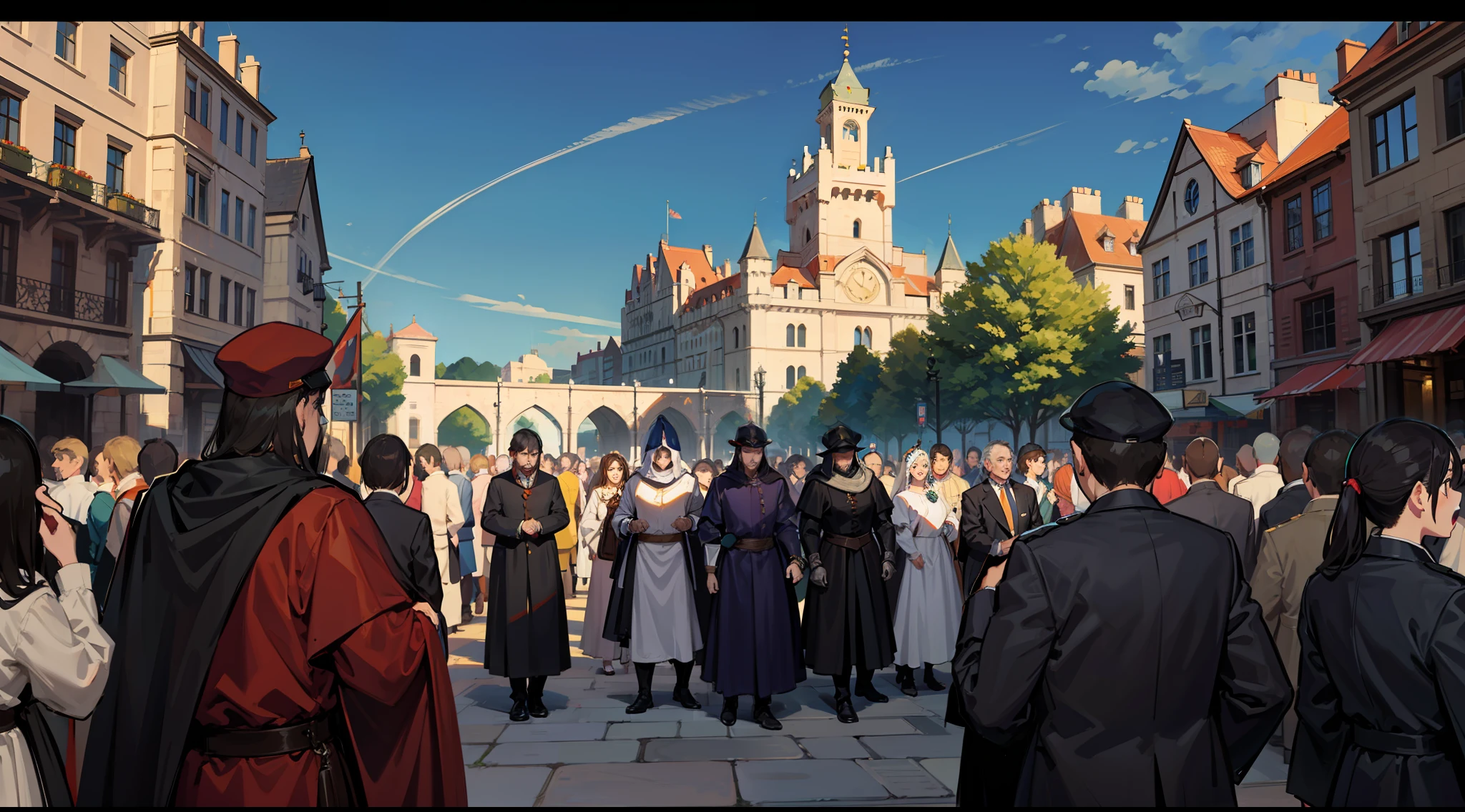 Palaces, castles, Western-style towns, crowds, open mouths, medieval style, squares, knightly processions,