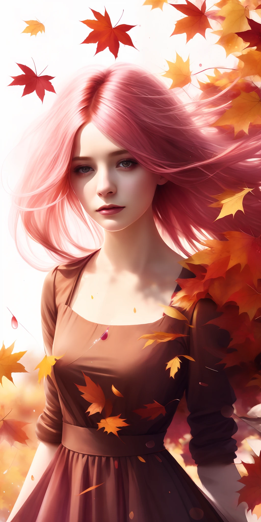 A picture by MSE A beautiful woman,the most beautiful girl by Agnes Cecile, European face,cheerful expression, beautiful pink hair moved by the wind, autumn leaves in the air, dress moved by the wind,luminous design, pastel colors, ink drops, autumn lights, old paper texture
