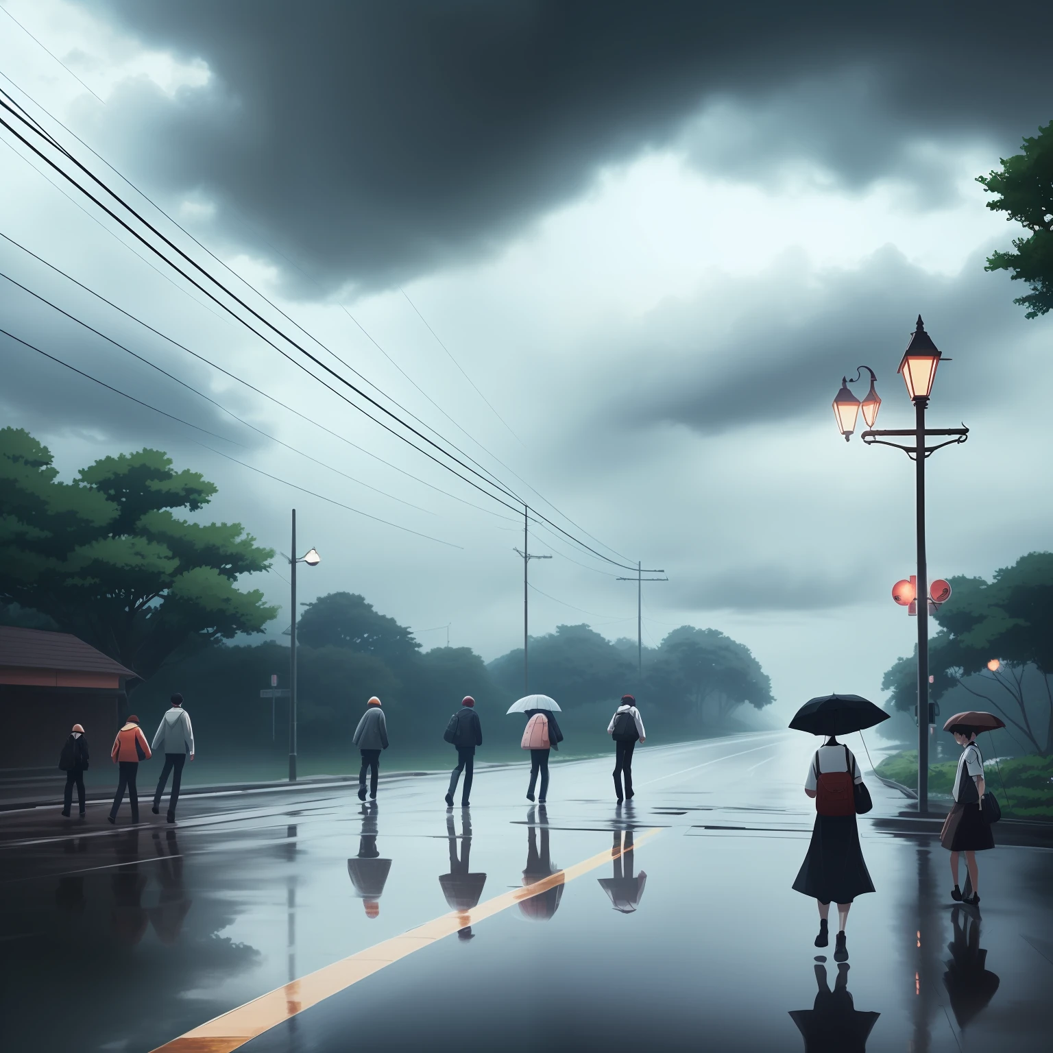 A gloomy sky, dark clouds, accompanied by the knocking of raindrops, people walking down the street in a hurry. Presented in the style of Makoto Shinkai.